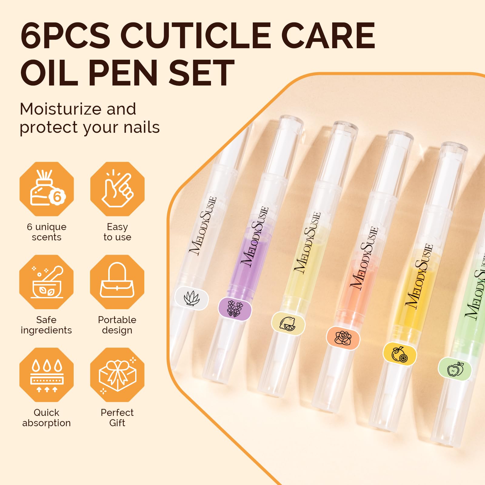 MelodySusie 6Pcs Cuticle Oil Pen Set,Nail Moisturizing Cuticle Oil Enriched with Vitamin E,Softens and Repairs Cuticles,Nail Strengthener,Protects Damaged Skin,Thin Nails,for Home and Salon Use