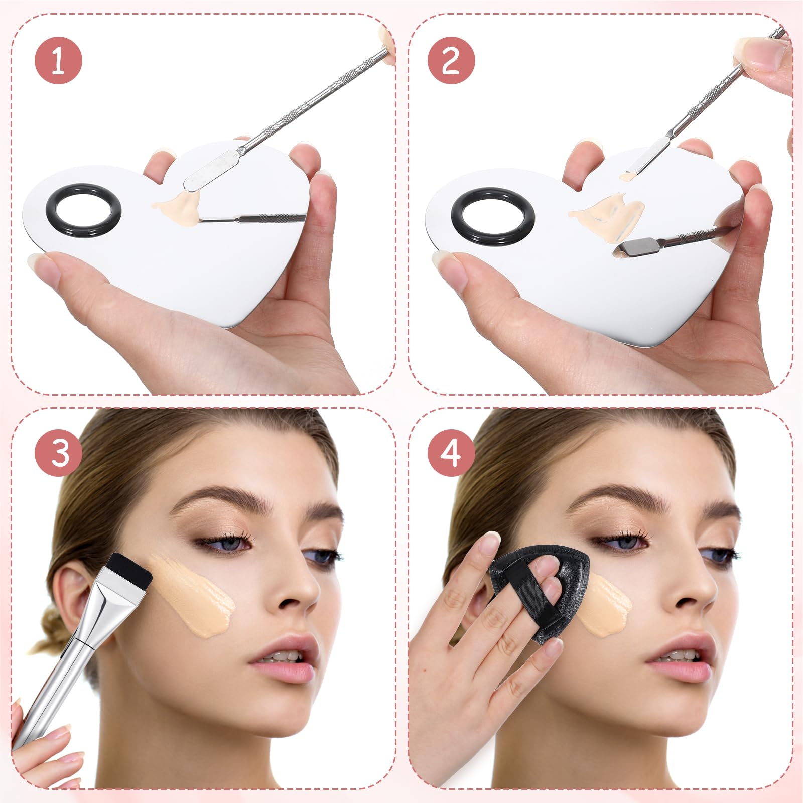 Makeup Mixing Palette Korean Set with Foundation Brush and Spatula, Professional Stainless Steel Heart Makeup Palette Reusable Beauty Tools for Facial Cosmetic,Nail Art,Pigment Blending