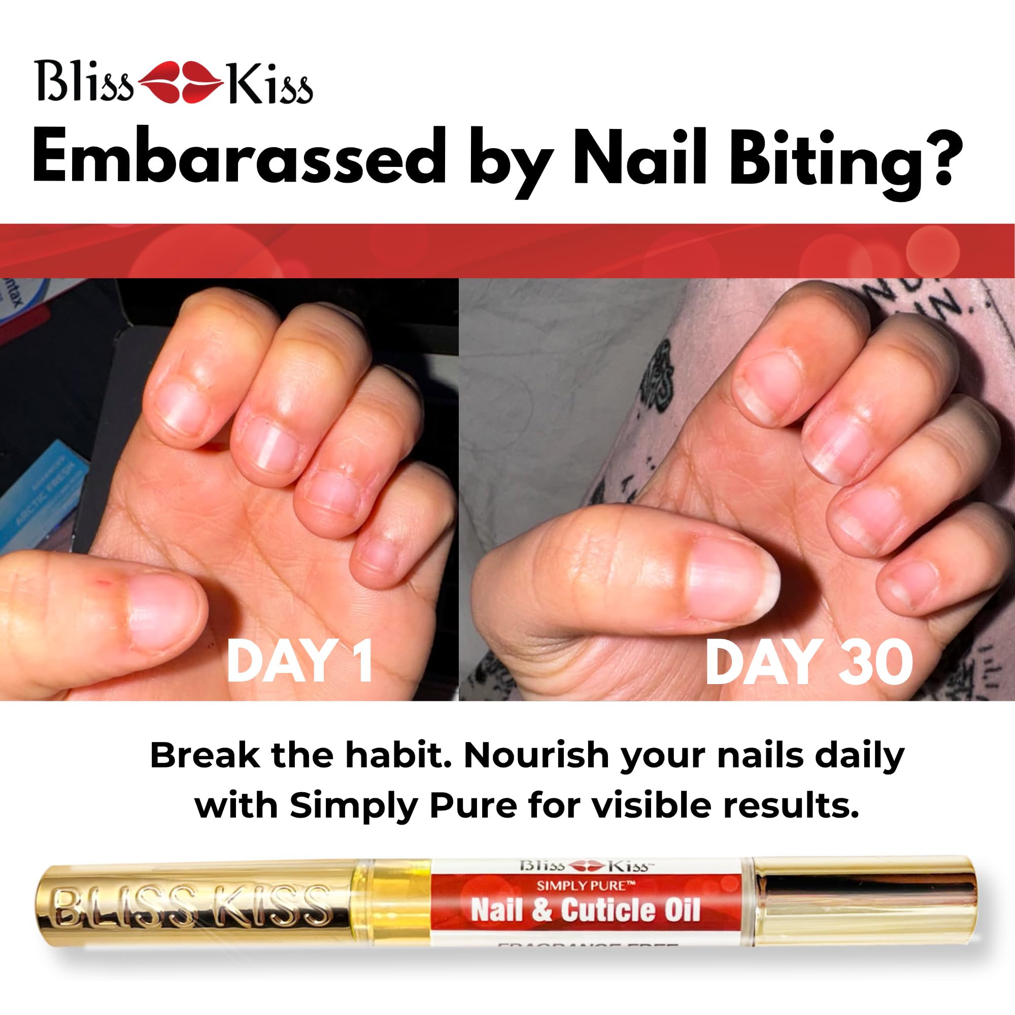 Bliss Kiss | Fragrance Free 4 Nail Oil Cuticle Pens w/Vitamin E & Jojoba⏤Nail Strengthener Nail Growth and Strengthening Serum for Brittle, Peeling, Breaking, Thin nails
