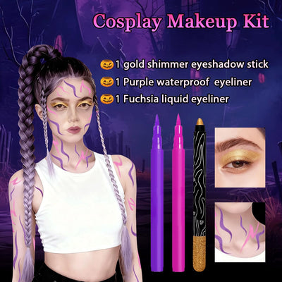 Mysense Makeup Kit,Halloween Face Cosplay Accessories for Women and Kids,Purple Waterproof Eyeliner+Fuchsia Liquid Eyeliner+Gold Shimmer Eyeshadow Stick