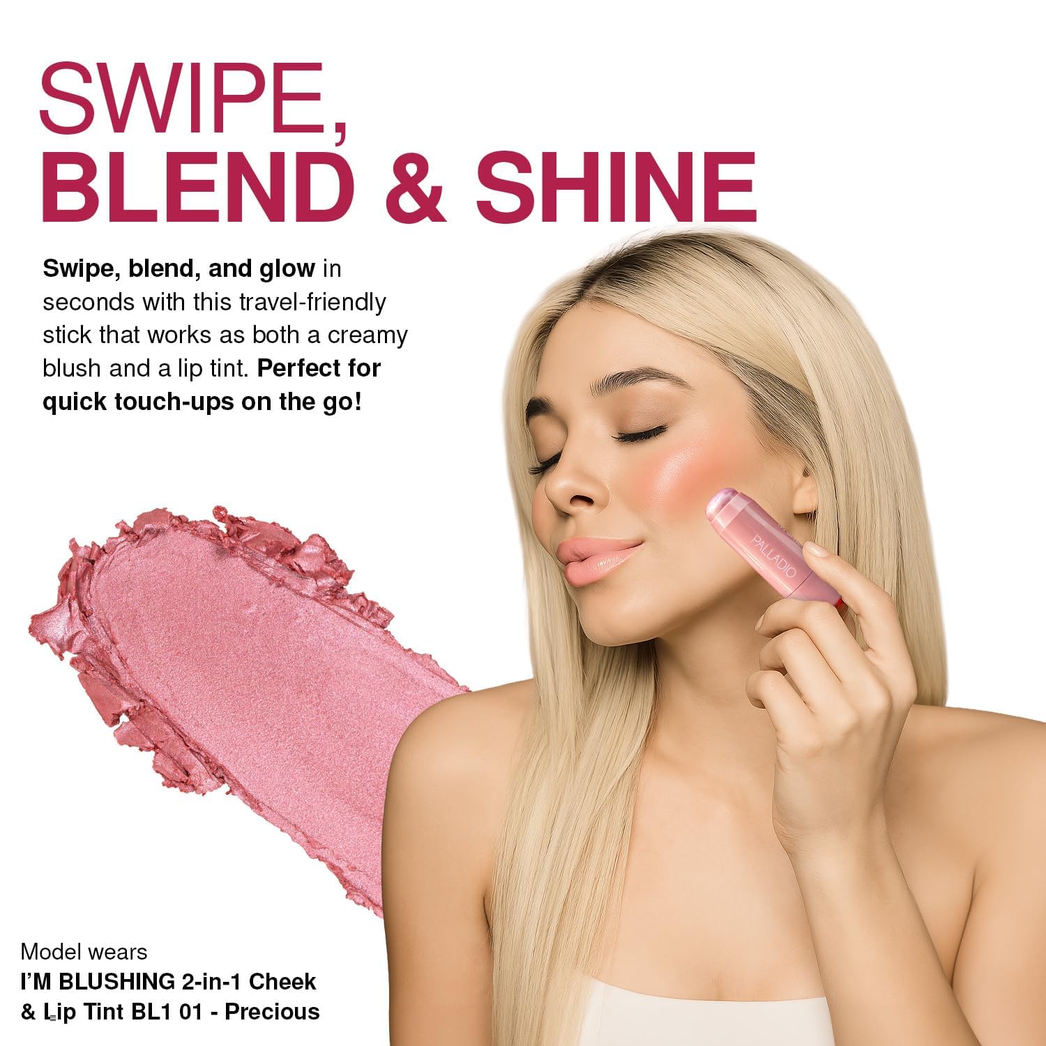 Palladio I'm Blushing 2-in-1 Cheek and Lip Tint, Buildable Lightweight Cream Blush, Sheer Multi Stick Hydrating formula, All day wear, Easy Application, Shimmery, Blends Perfectly onto Skin, Dainty