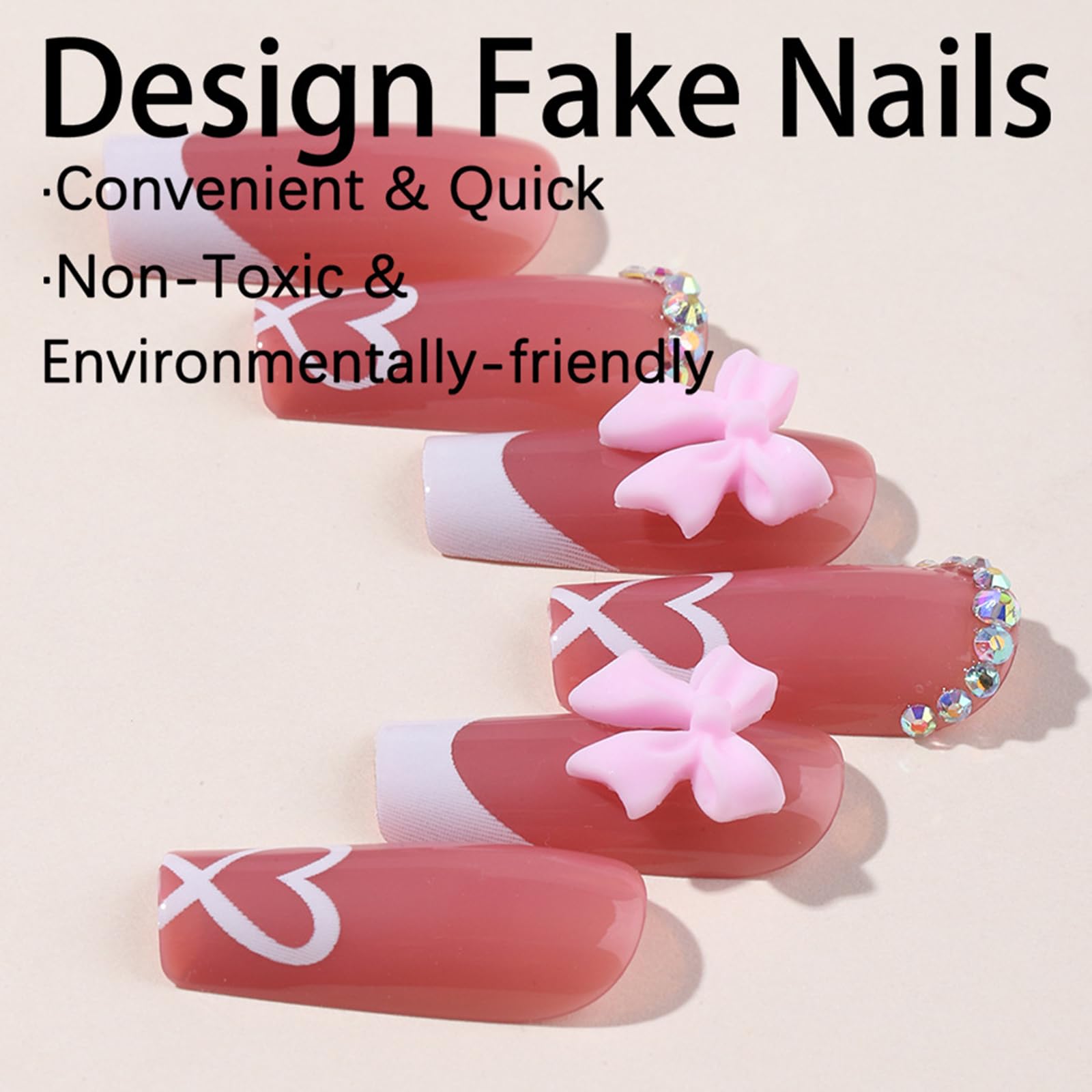 24Pcs Fake Nails With Bows, Elegant False Nail, Aesthetic Long Press On Nails Full Cover French Manicure, Stick On Nail, For Women Girls