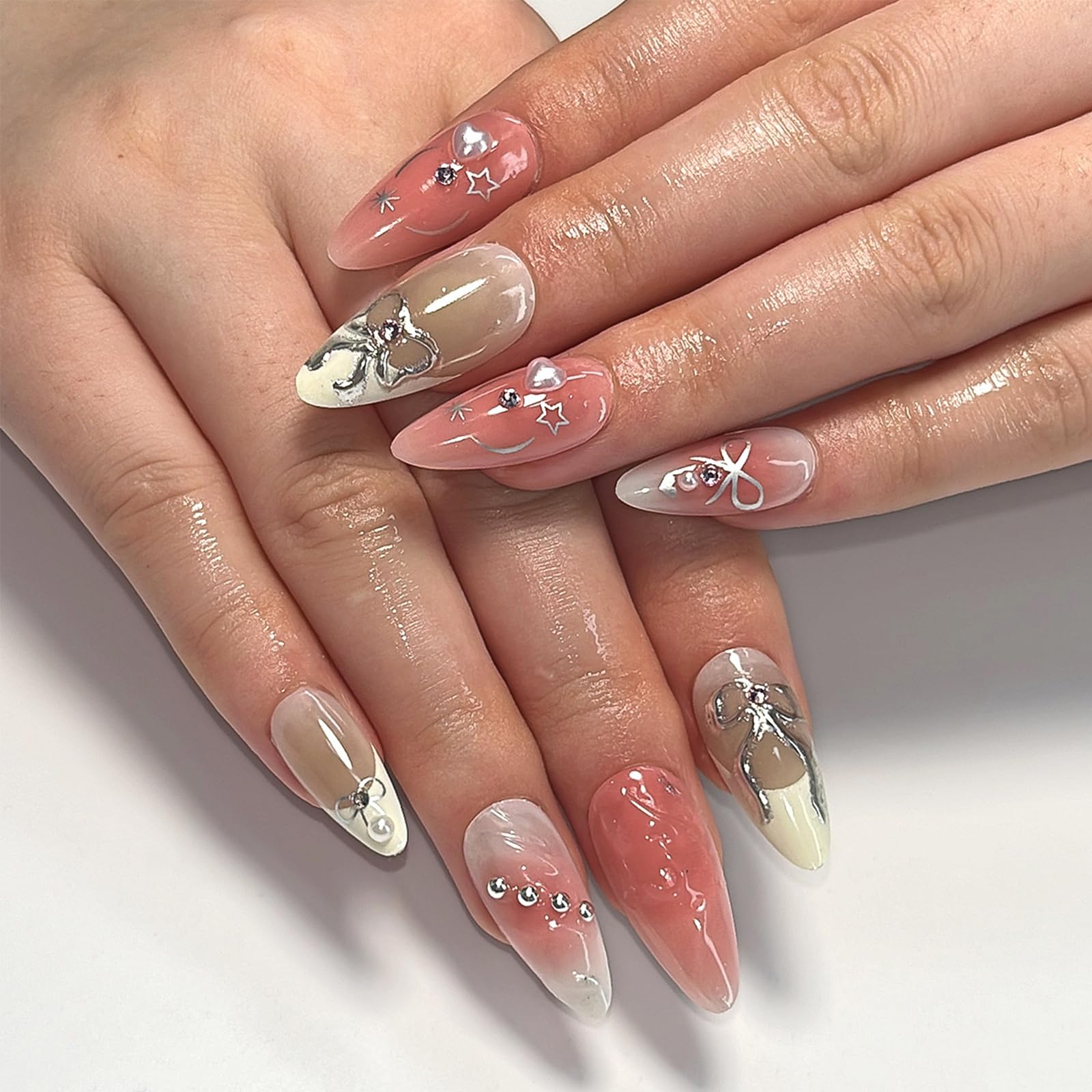 LBPEPAMZ Pink Press On Nails Medium Almond Fake Nails with 3D Silver Bow Bead Pearl Designs White Gradient French Tips Acrylic False Nails Heart Full Cover Glossy Stick On Nails for Women 24Pcs