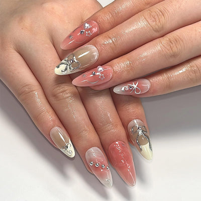 LBPEPAMZ Pink Press On Nails Medium Almond Fake Nails with 3D Silver Bow Bead Pearl Designs White Gradient French Tips Acrylic False Nails Heart Full Cover Glossy Stick On Nails for Women 24Pcs