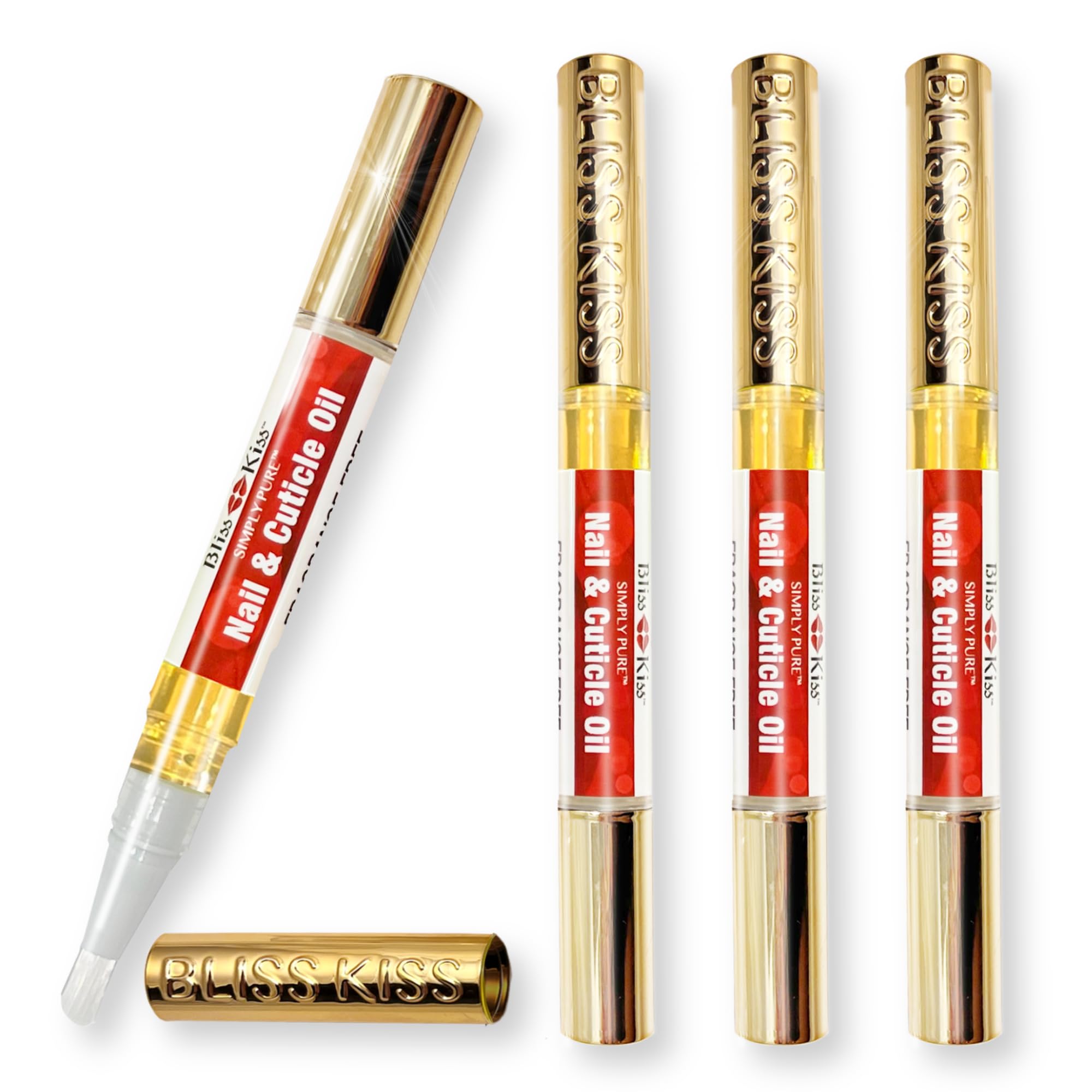 Bliss Kiss | Fragrance Free 4 Nail Oil Cuticle Pens w/Vitamin E & Jojoba⏤Nail Strengthener Nail Growth and Strengthening Serum for Brittle, Peeling, Breaking, Thin nails