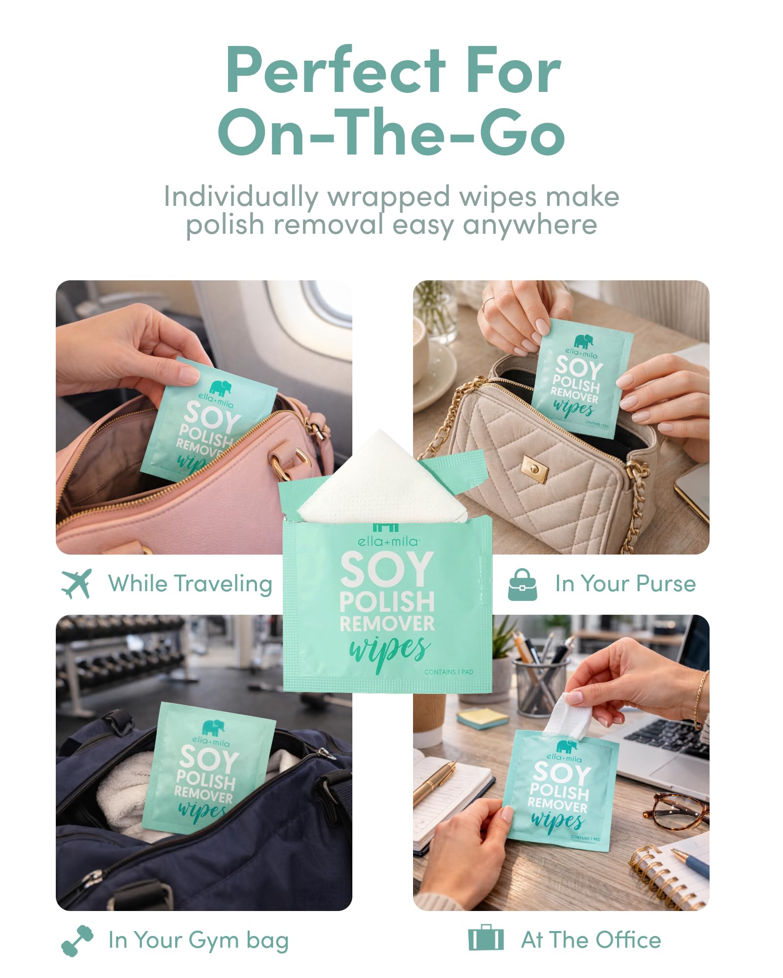 ella+mila Soy Nail Polish Remover Wipes - Non-Acetone, Non-Toxic Fingernail Polish Remover Pads - Travel Size, Individually Wrapped, Lint Free - Enriched with Vitamins (12 Pack)