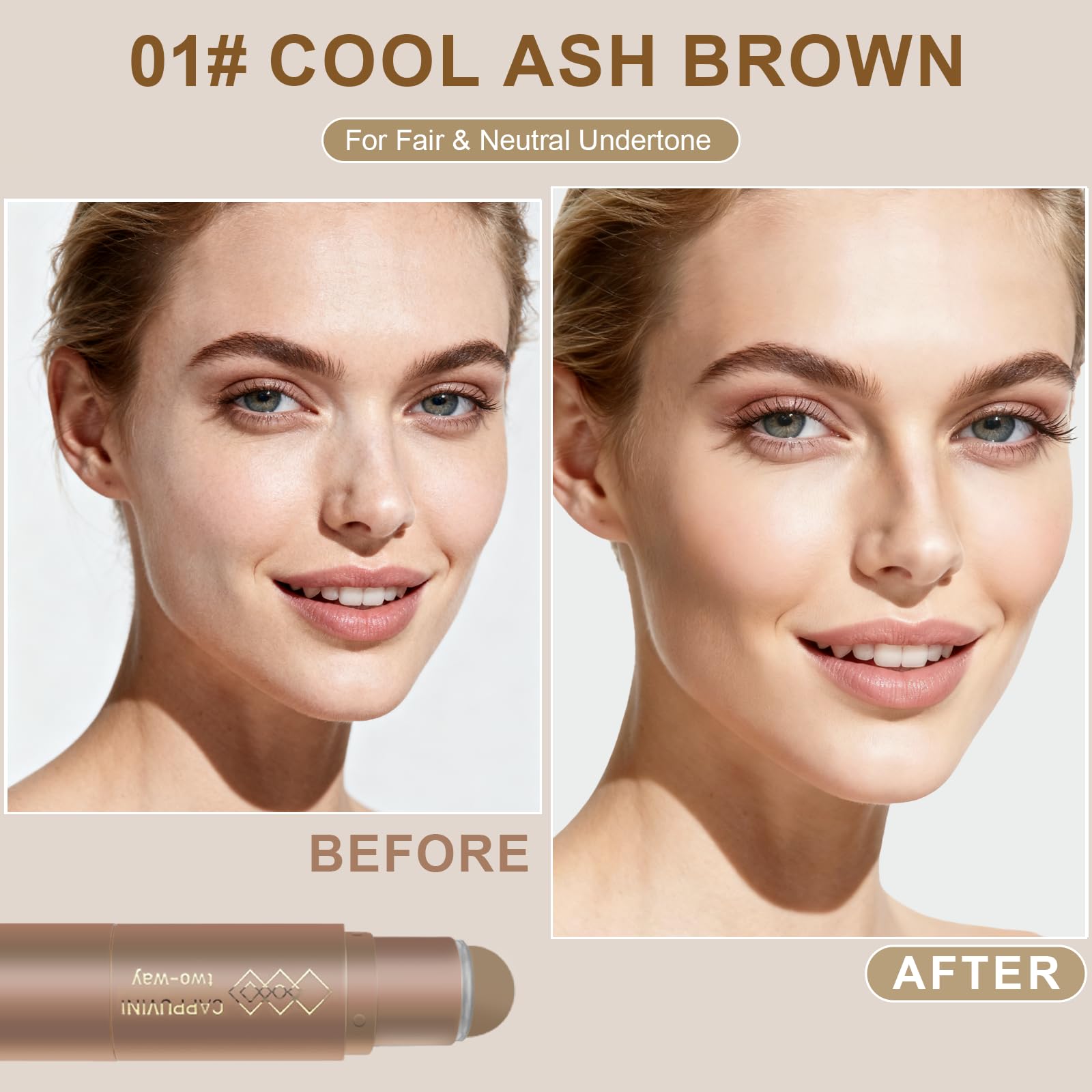 Cool Toned Cream Contour Stick for Fair Light Pale Skin, Grey Nose Contour Makeup Built-in Sponge, Smooth Long Lasting Bronzer, Blendable Lightweight Contouring Stick #01 Cool Ash Brown