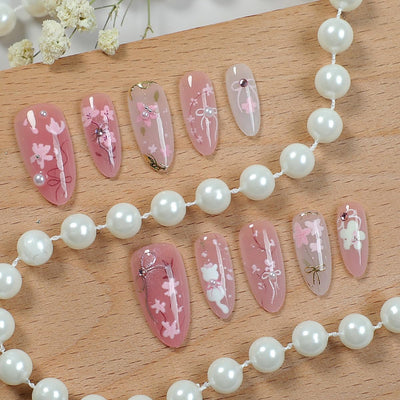 30Pcs Pink Flower Press on Nails Medium Almond Fake Nails Peach Blossom with 3D Rhinestones Pearl Gold Glitter Design Artificial Cute Cat Nails Stick on Nails Spring False Nails for Women Acrylic Nail