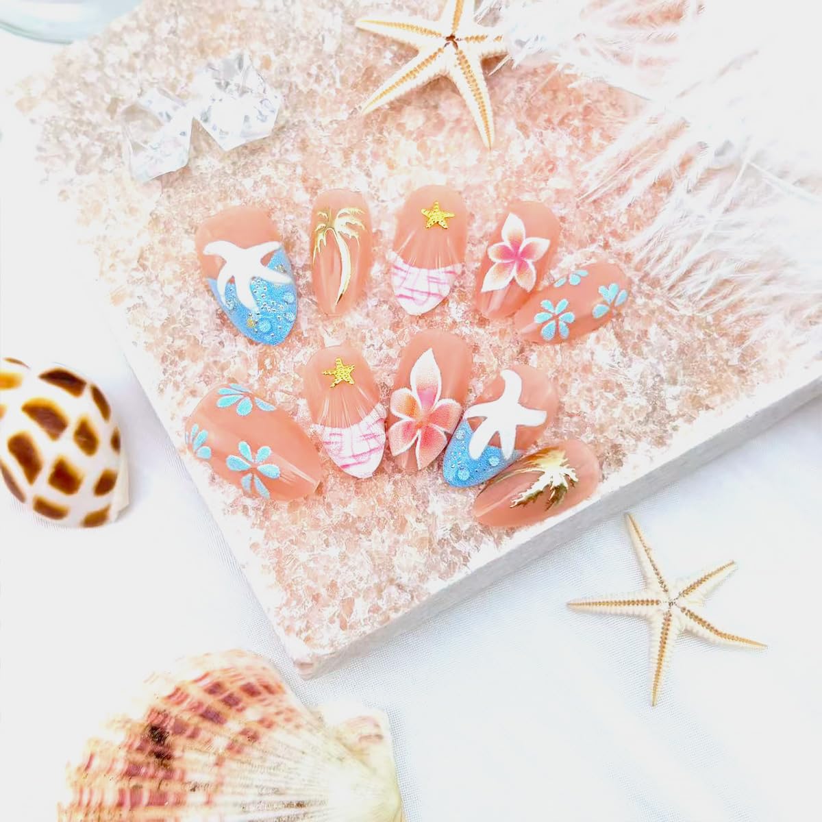 30 PCS Beach Press on Nails Medium Almond Fake Nails Blue French Tip False Nails with 3D Starfish Designs Glue on Nails Summer Coconut Trees Stick on Nails Flower Full Cover Acrylic Nails for Women