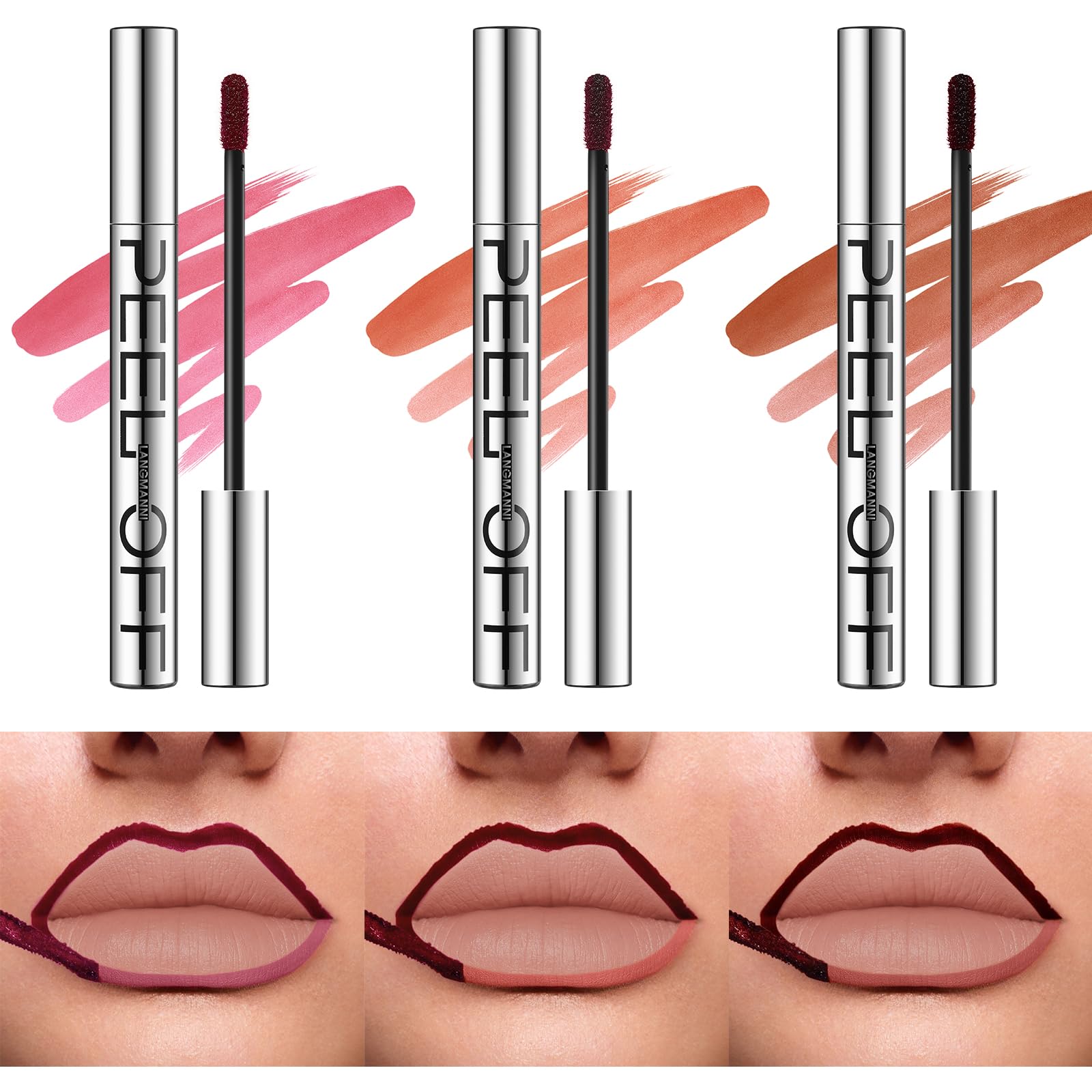 LANGMANNI 3 Colors Long-Lasting Peel Off Lip Liner Set, Waterproof & Smudge-Proof Matte Lip Liners Gift Makeup For Girls (#1+2+3)