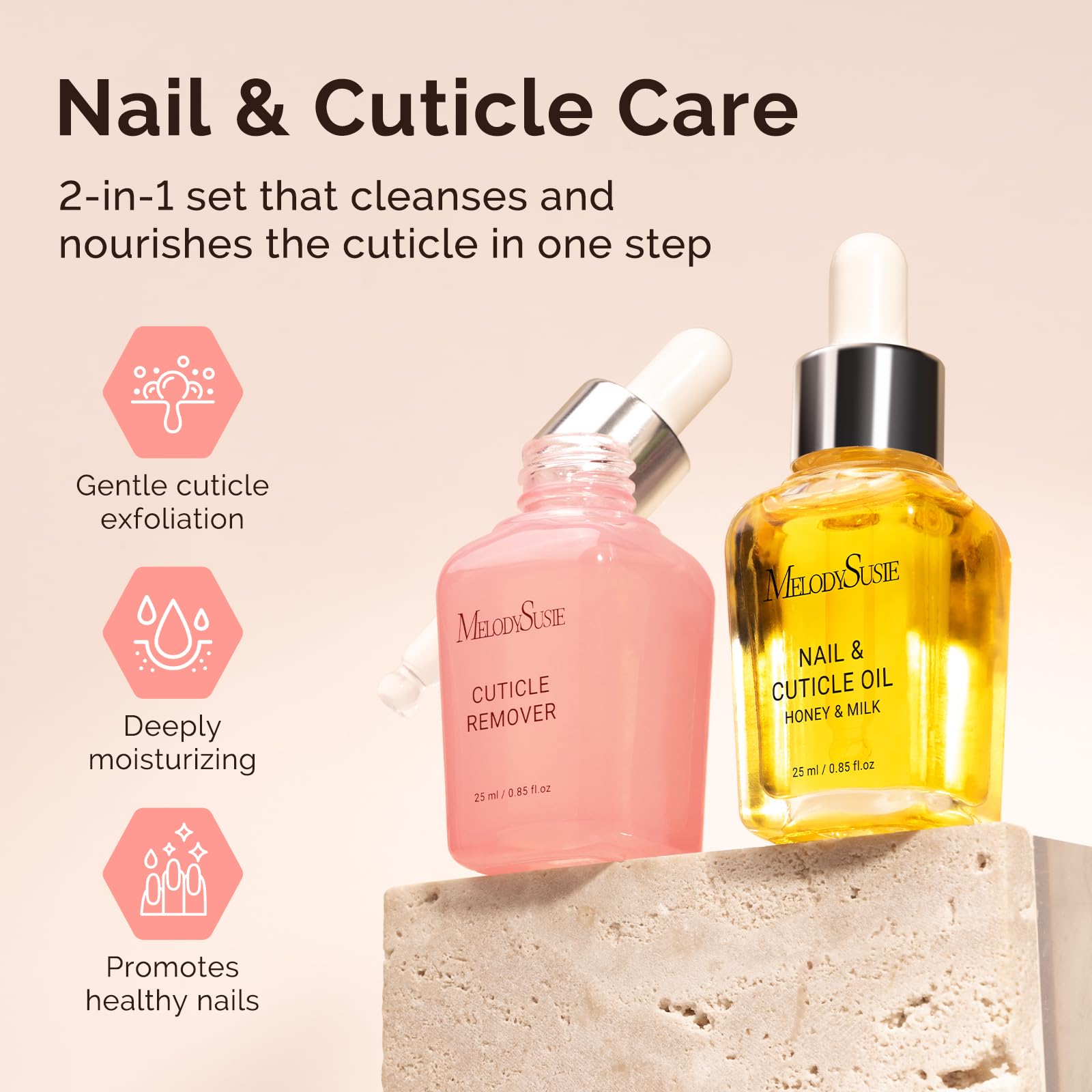 MelodySusie 25ML Cuticle Care Kit - Cuticle Oil and Cuticle Remover, Cuticle Nourishes and Softener, Promotes Nail Growth and Strength for Home and Salon Use 2PCS