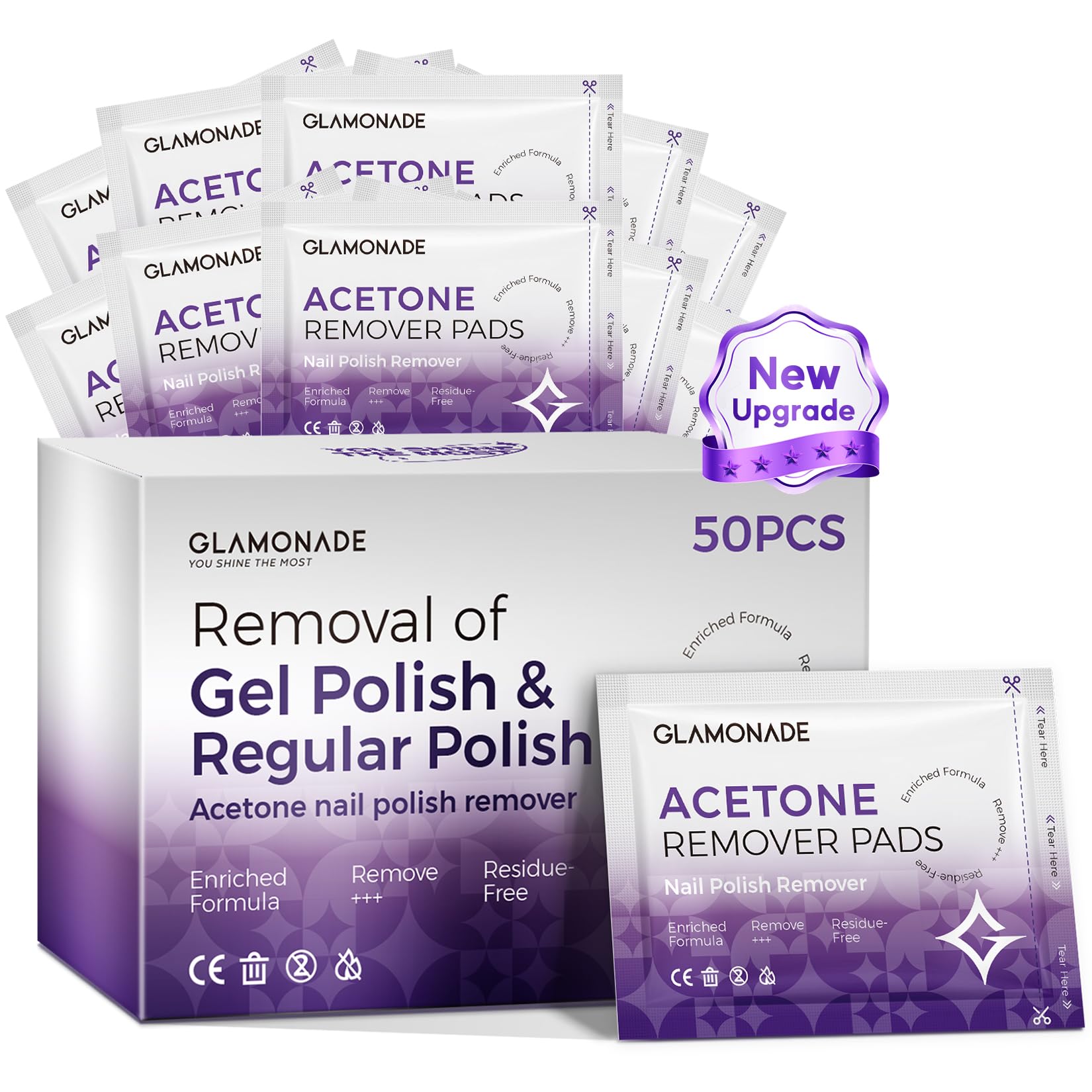 Glamonade Nail Polish Remover Pads: Acetone Gel Nail Polish Remover Wipes 50 PCS Professional Individually Wrapped Wet Wipes Rapidly Remove Gel/Fingernail Polish Travel Kit for Home & Salon Supplies