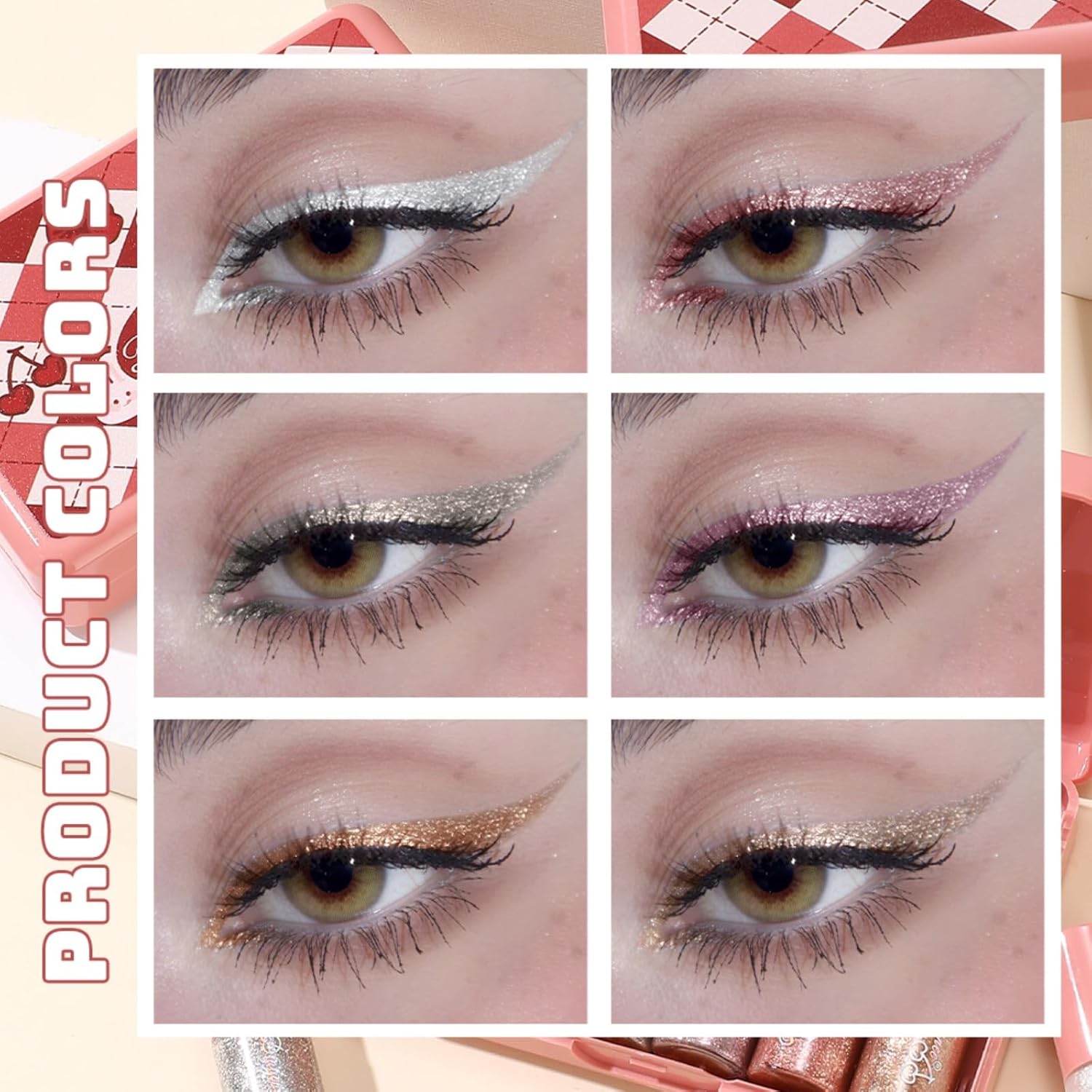 6 Pcs Liquid Glitter Eyeshadow Set Colorful Eyeliner with Long-Lasting and Waterproof Shinning Eye Shadow Gift for Women Eye Makeup (Cherry Rabbit)