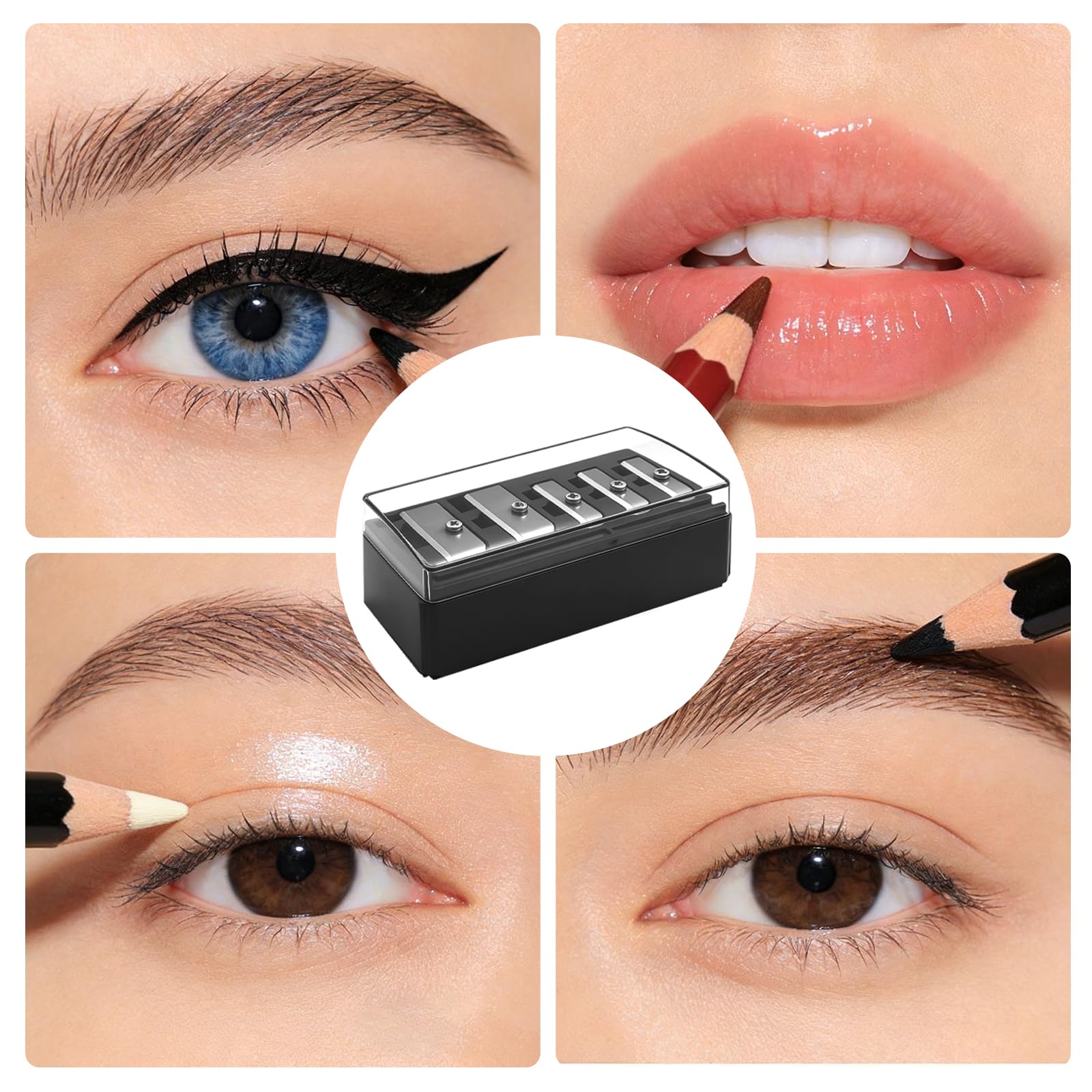 2 PCS Eyeliner Pencil Sharpener, 5 Hole Long Point Lip Liner Sharpener with Plastic Lid, Makeup Pencil Sharpener for Eyeliner, Lip Liner & Highlighter