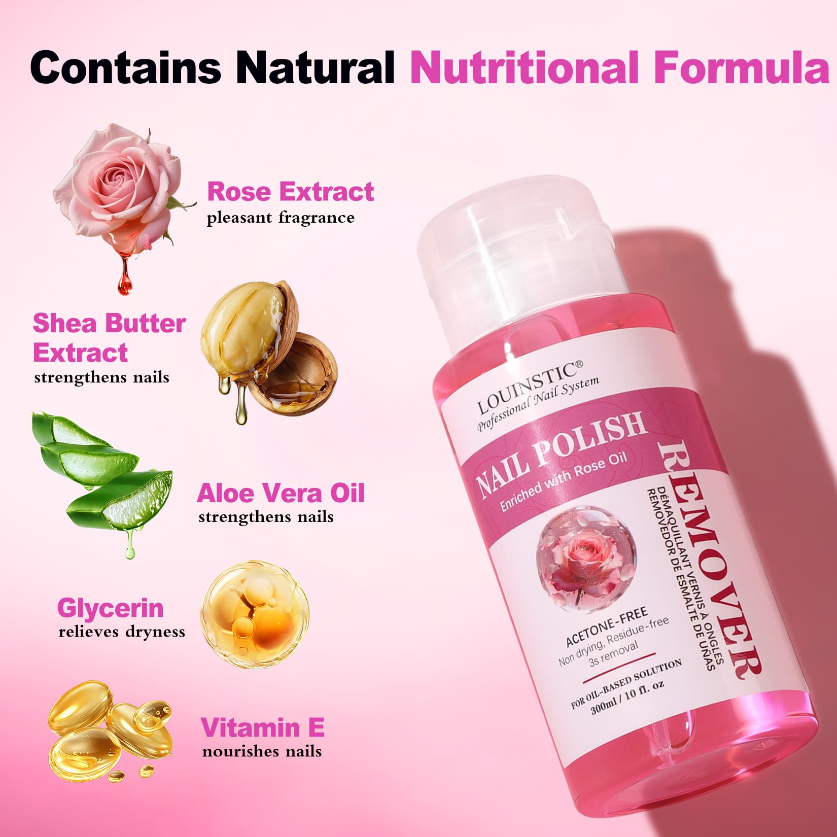 Gentle Nail Polish Remover: 10.15 Fl Oz, with Press Pump, Quickly Removes Nail Polish/Glitter/Glue/Nail Tips/Gel, Professional Nail Soak Off Kit, with Removal Tool & Rose Cuticle Oil, Salon & DIY Use