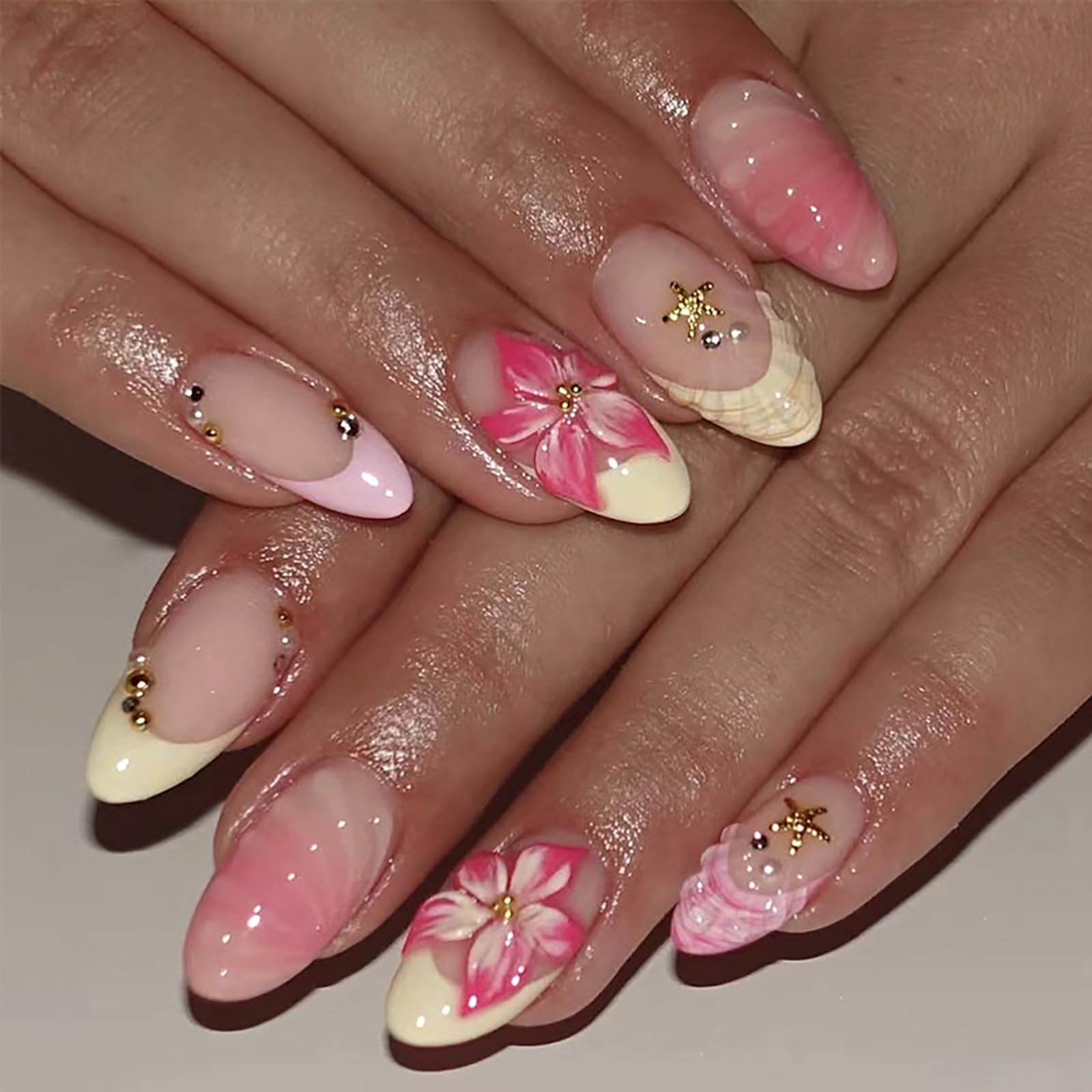 HOSAILY Pink Press on Nails Short Almond Milky Butter Yellow French Tip Pink Ombre 3D Flower Gold Starfish Rhinestone Gold Beads Beach Vacation Glossy Handmade Summer Cute Nails for Women(30Pcs)