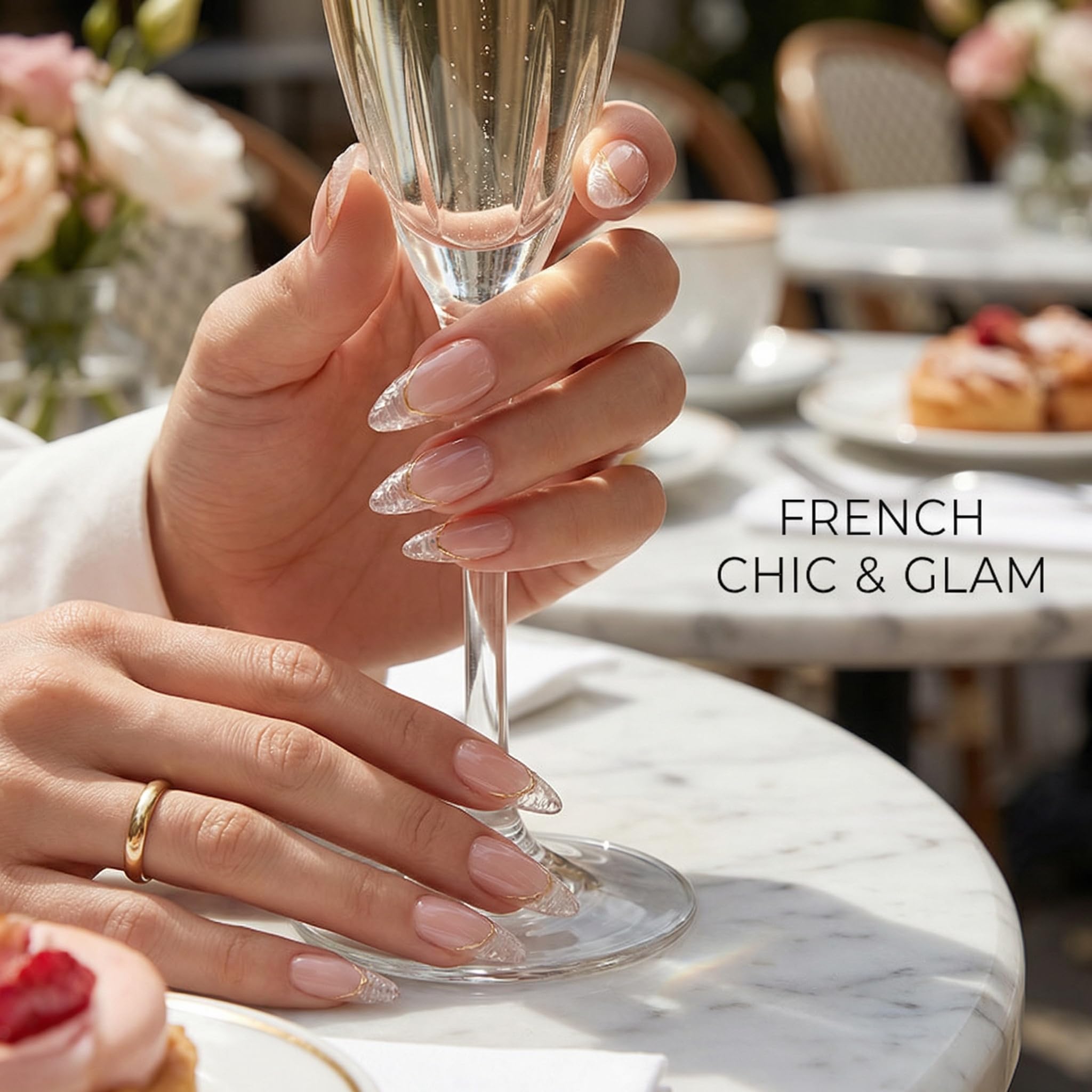 Press-On False Nails, 24pcs Trendy Womens Fashion Almond Shape French Tip Nails, Glossy Nude Pink Gold Glitter Quiet Luxury Envogue Parisian Chic Style For Date Night And Classy Outfits For Women
