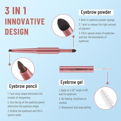 UCANBE 3-In-1 Eyebrow Makeup Pencil: Triangle Retractable Definer Eyebrow Pen, Waterproof Brow Gel And Fills Eye Brow Powder, Create Natural Brows(02 Medium Brown)