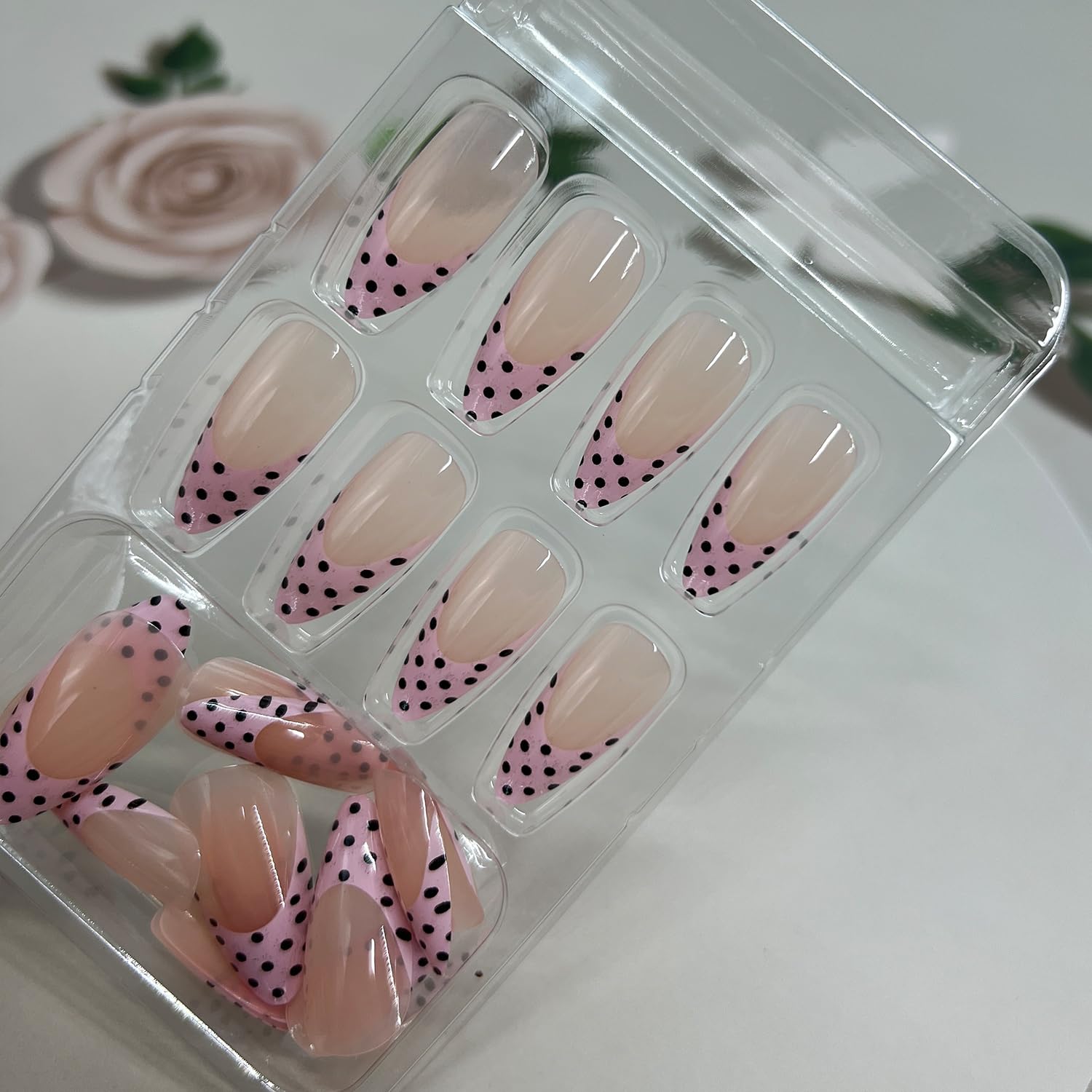 Polka Dot French Tip Press on Nails Long Almond Fake Nails with Designs Nude Pink Full cover Stick on False Nail Set for Women 24 Pcs