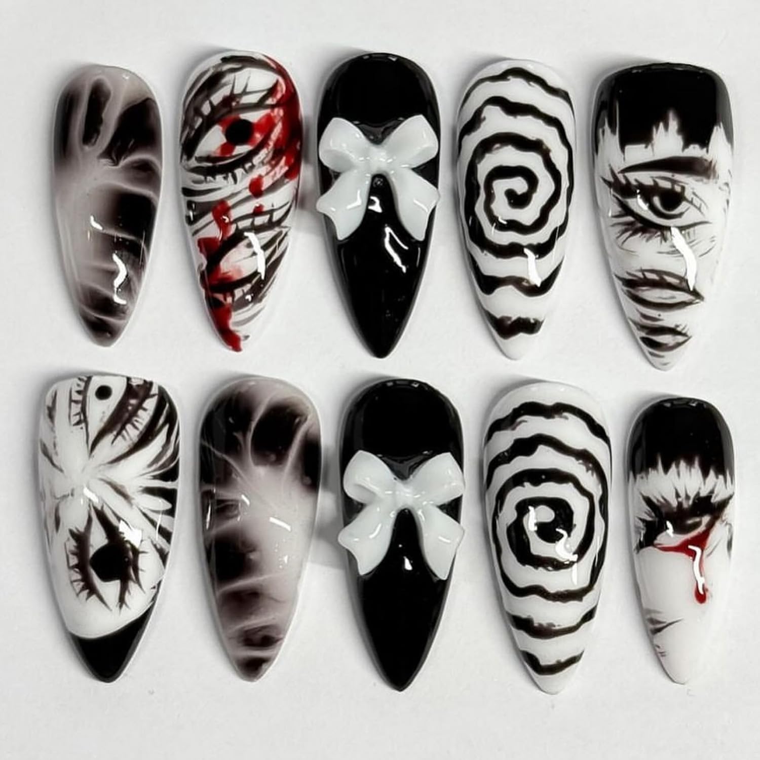 30Pcs Gothic Press on Nails Medium Almond Fake Nails Punk Cartoon Anime with Cute Bow Design Black White Full Cover Glue on Nails Horror Goth Designs Y2k False Nails for Women Acrylic Manicure Decor