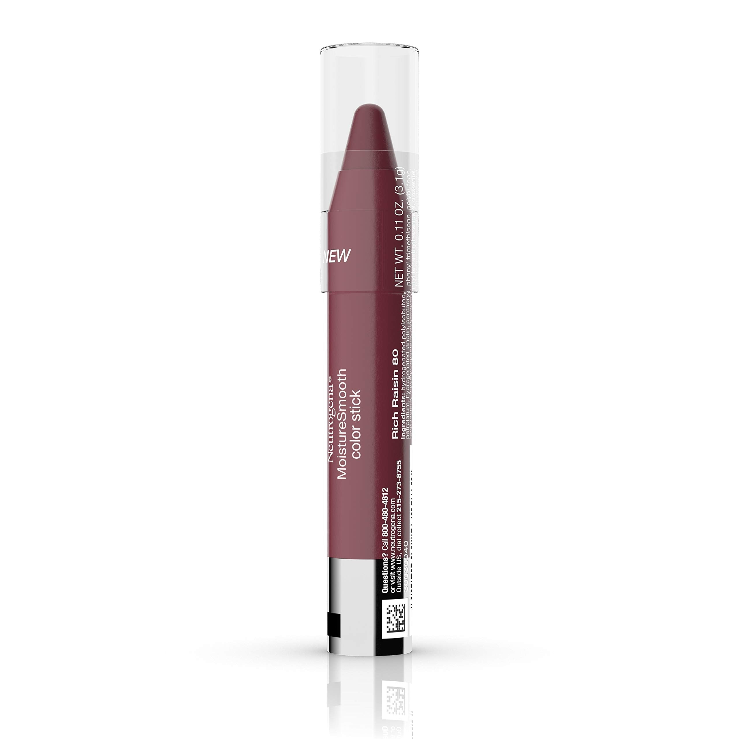 Neutrogena MoistureSmooth Color Stick for Lips, Moisturizing and Conditioning Lipstick with a Balm-Like Formula, Nourishing Shea Butter and Fruit Extracts, 80 Rich Raisin,.011 oz