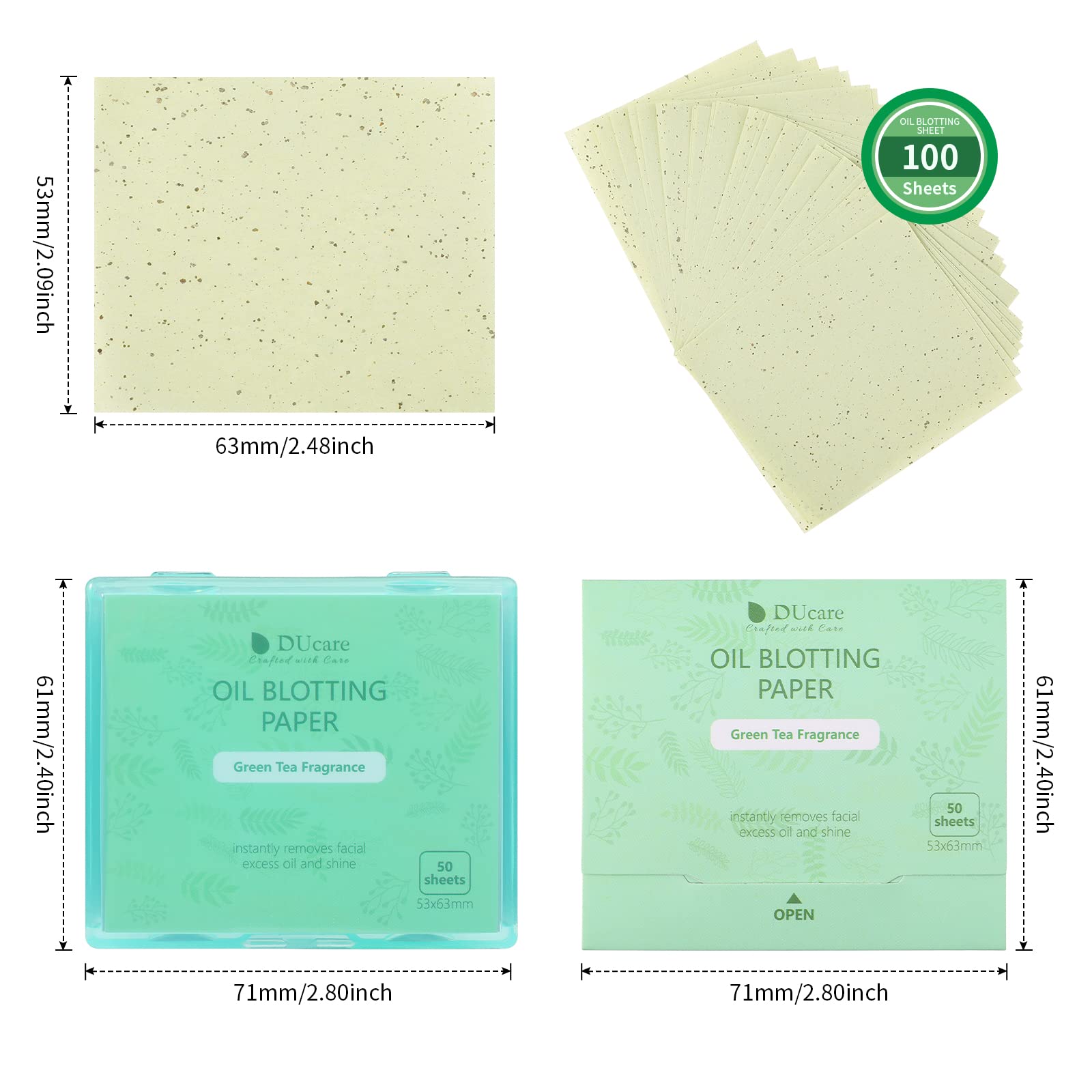 DUcare Oil Blotting Sheets for Face Green Tea Blotting Paper For Oily Skin with Portable Mirror Case & Makeup Puff, Oil Absorbing Sheets For Face 100 Counts
