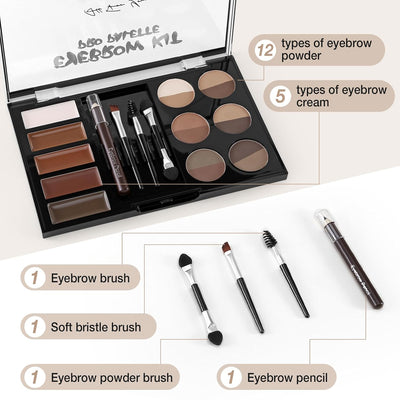 Eyebrow Powder Palette Set - 12 Colors, 5 Mascaras, 4 Stencils, Brush & Pencil, Volumizing Gel for Natural Brows