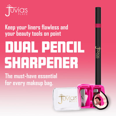 Juvia's Place Dual Cosmetic Pencil Sharpener – Sharpens Standard & Jumbo Pencils with Precision, Mess-Free Design with Cleaning Tool and Protective Cover – Ideal for Eyeliner, Lip Liner & Brow Pencils