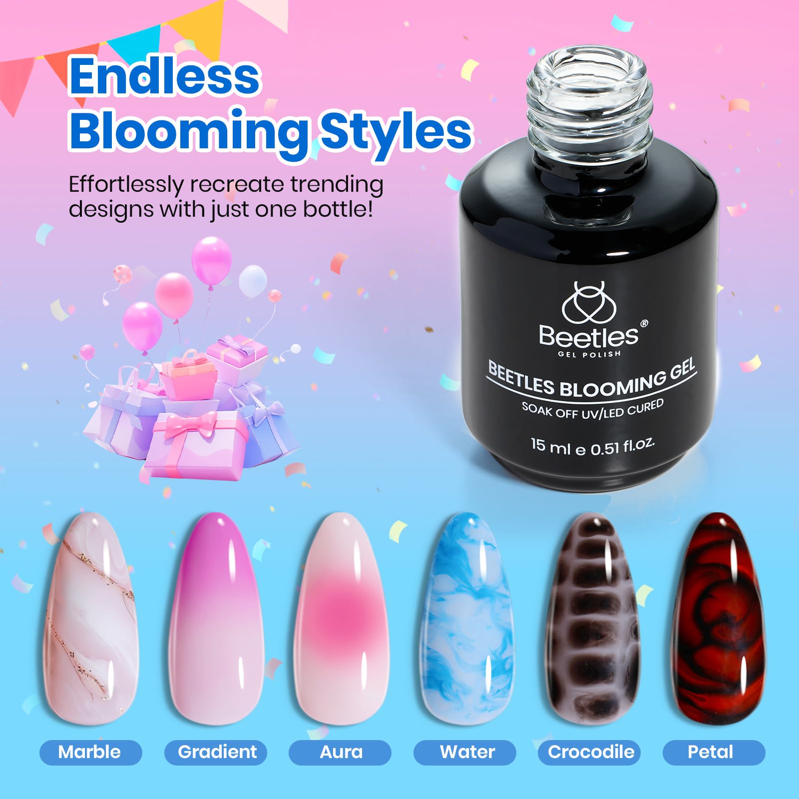 Beetles Blooming Gel 15ml Clear Uv Led Aura Nails Gel Polish for Spreading Effect Marble Natural Stone Watercolor Floral Print Soak off Diy Nail Art Design Manicure Gift for Women