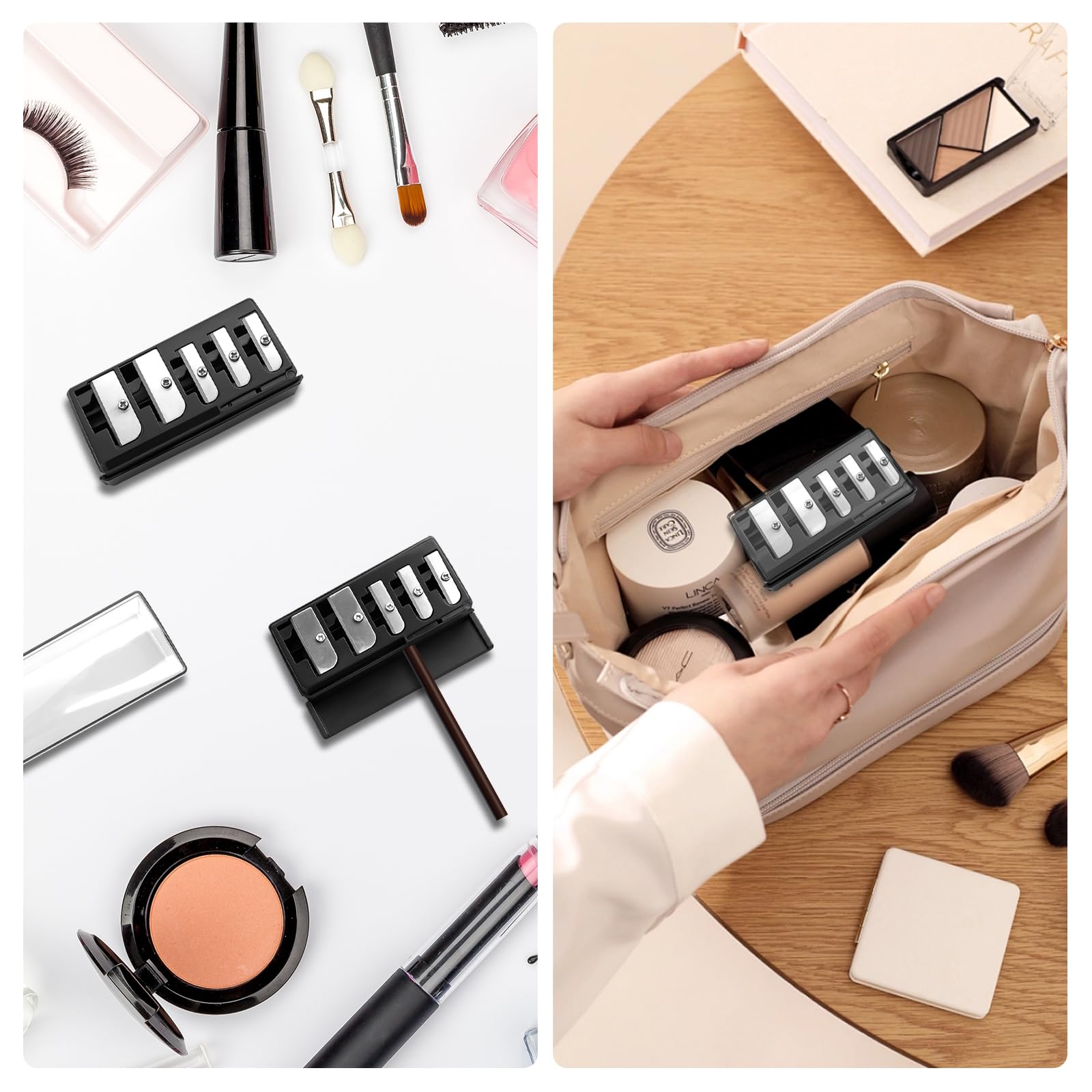 2 PCS Eyeliner Pencil Sharpener, 5 Hole Long Point Lip Liner Sharpener with Plastic Lid, Makeup Pencil Sharpener for Eyeliner, Lip Liner & Highlighter