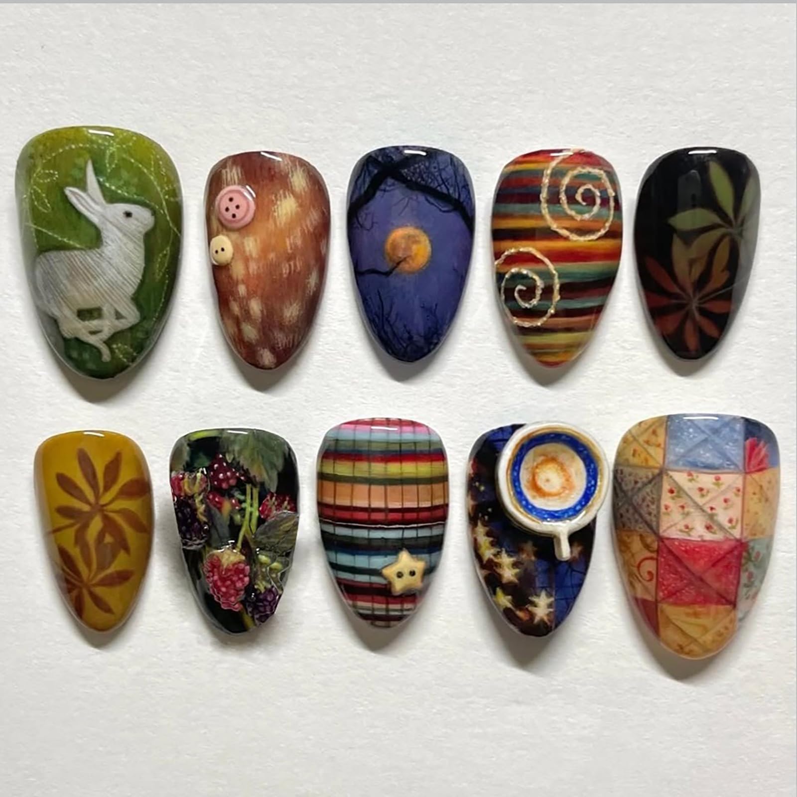 Medium Almond Press on Nails Aesthetic Nail Art Fake Nails Cute False Nails with Stars Moon Rabbit Designs Fairy Tale Medium Glue on Nails for Women Girls 24Pcs