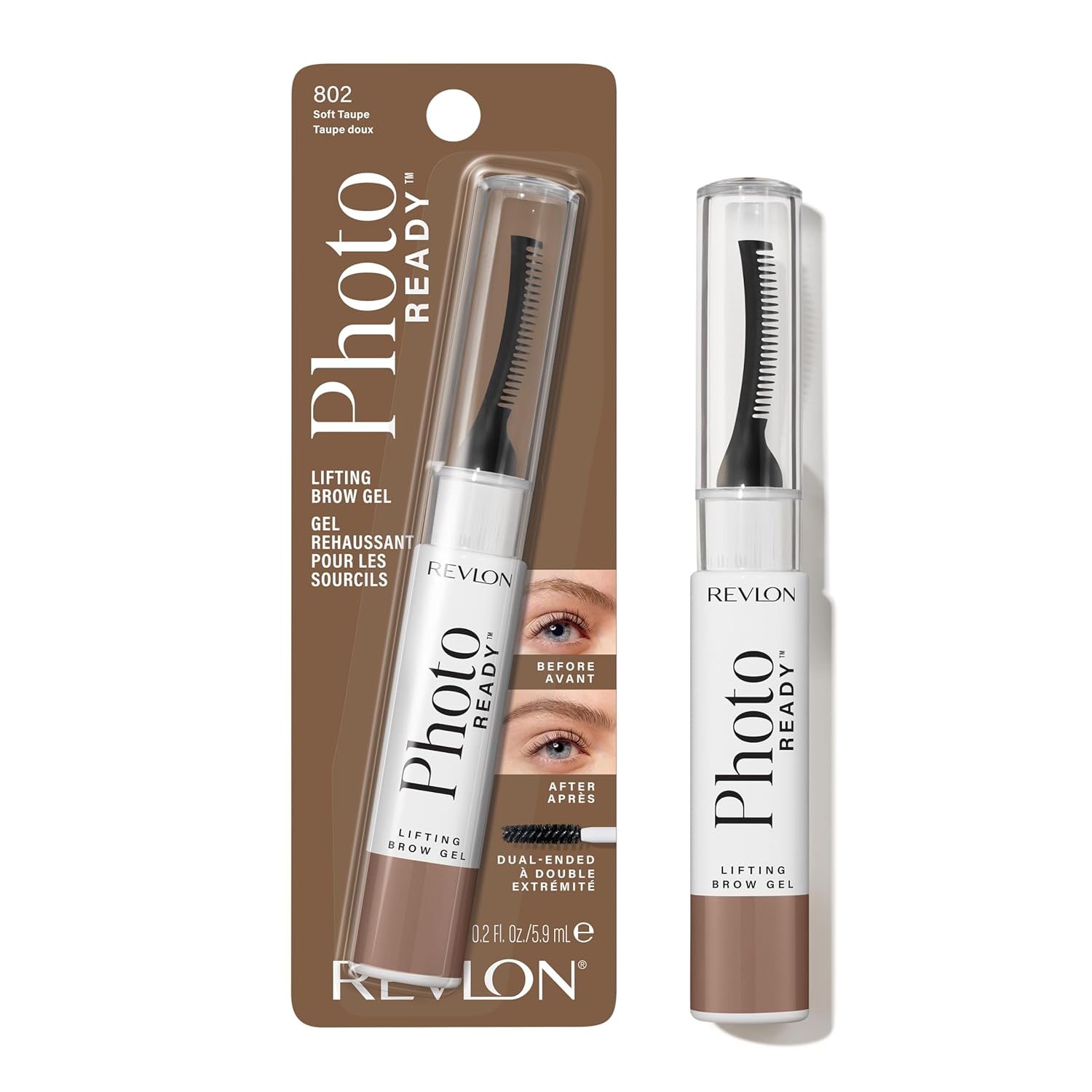 Revlon PhotoReady Lifting Brow Gel, Tinted Eyebrow Lamination with Spoolie Brush, Conditions, Shapes & Defines, 804 Rich Dark Brown, 0.23 fl oz