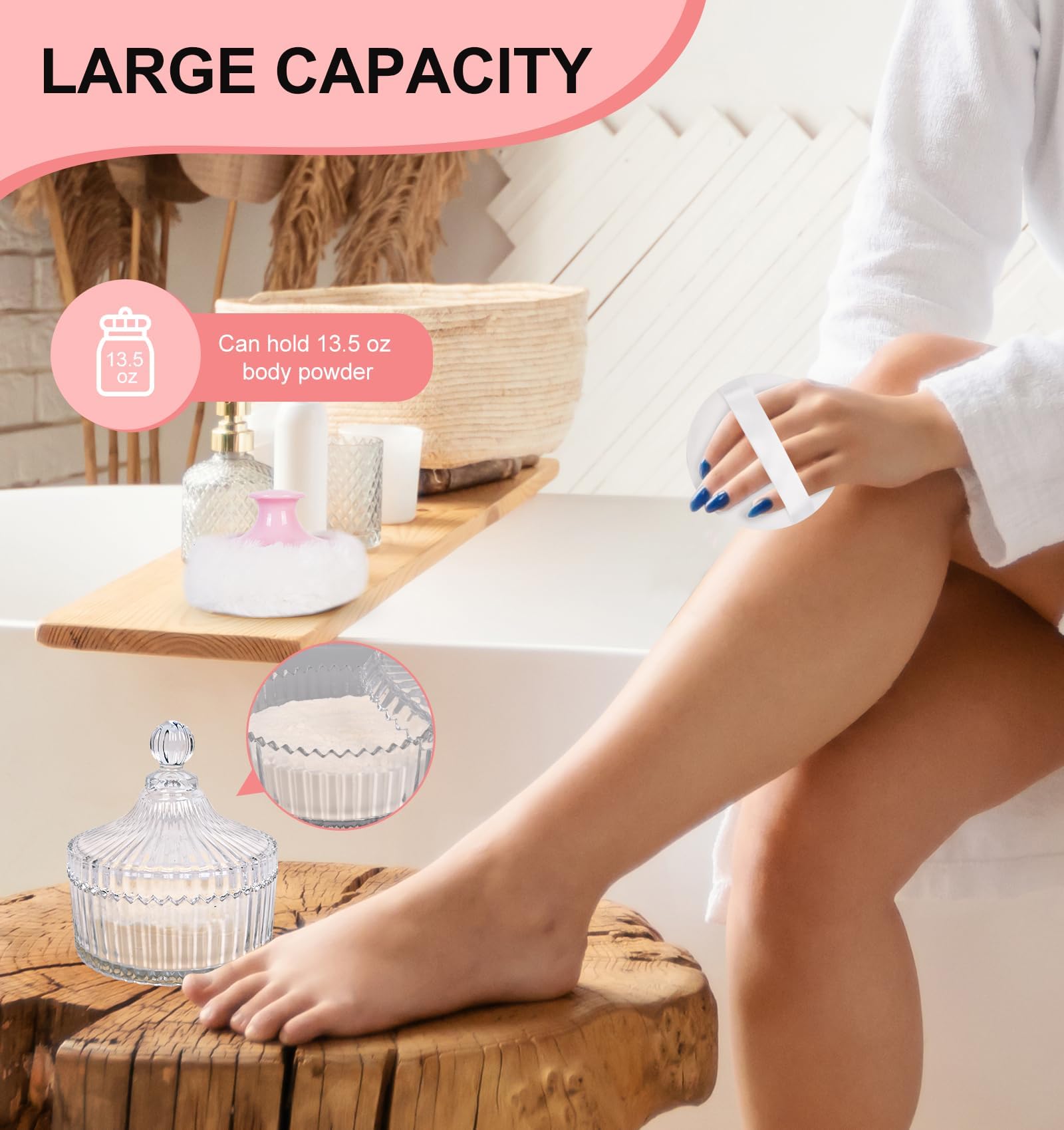 LAKIRA Large Body Powder Puff and Container, 2 Large Powder Puffs, Crystal Powder Container with 3.93" Puff for Baby Women, Dusting Powder Container with Puffs for Women, Bath, Home Use (4″ Pure)