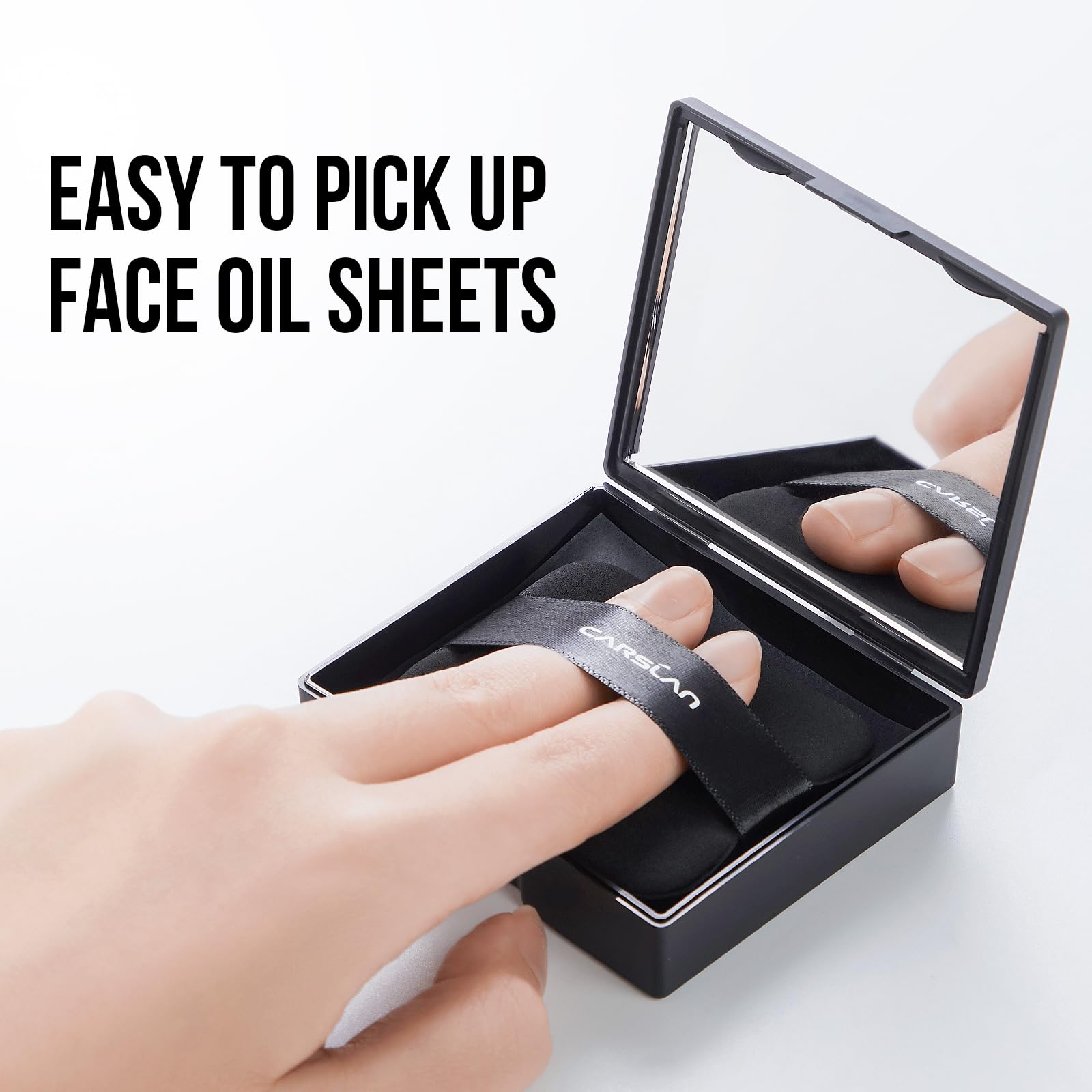 CARSLAN Makeup Blotting Paper with Powder, Black Magnet Blotting Sheet for Oily & Combination Skin, Portable Compact with Puff & Mirror, Keeps Makeup Fresh All Day, 450 Sheets + 8 Refill Adhesive Pads