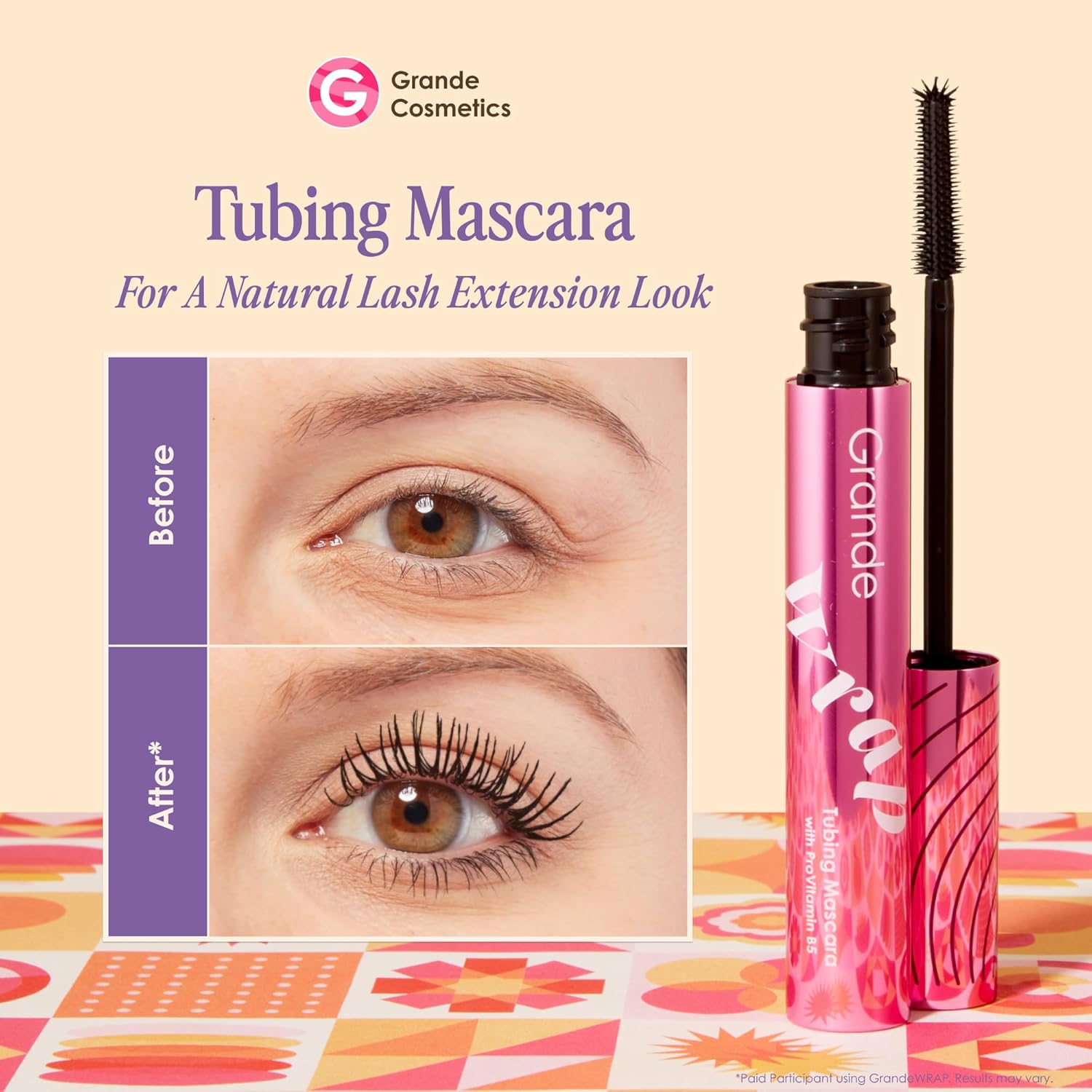 Grande Cosmetics GrandeWRAP Tubing Mascara - for Buildable Volume & Length, Lifts, Curls & Separates Lashes, Anti-Smudge, Lightweight, Clump & Flake-Free, All Day Wear, ProVitamin B5 Infused - Black