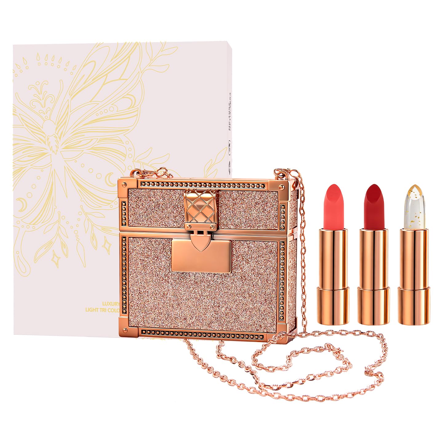 Newvenper 3 Colors Matte Lipstick Set Lip Stick with Orange Chain Bag Package Velvet Lip stick Set Waterproof Non-Stick Cup Long Lasting Retractable Red Lipstick Set 3.5gx3 Pcs