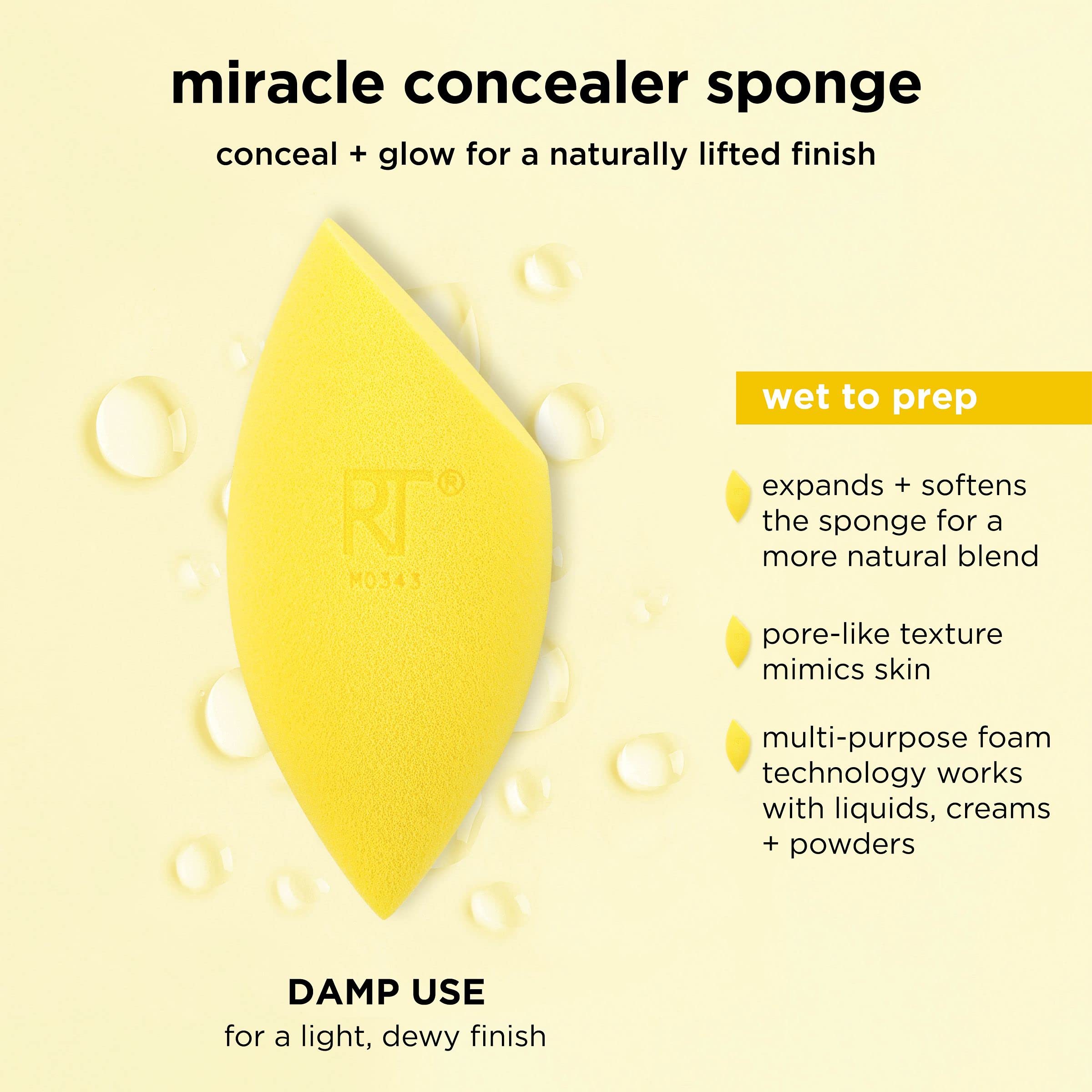 Real Techniques Miracle Concealer Sponge, Makeup Blending Sponge For Liquid & Cream Concealer, Elongated Shape For Precise Application Under Eyes & Tight Areas, Yellow, Latex-Free Foam, 2 Count