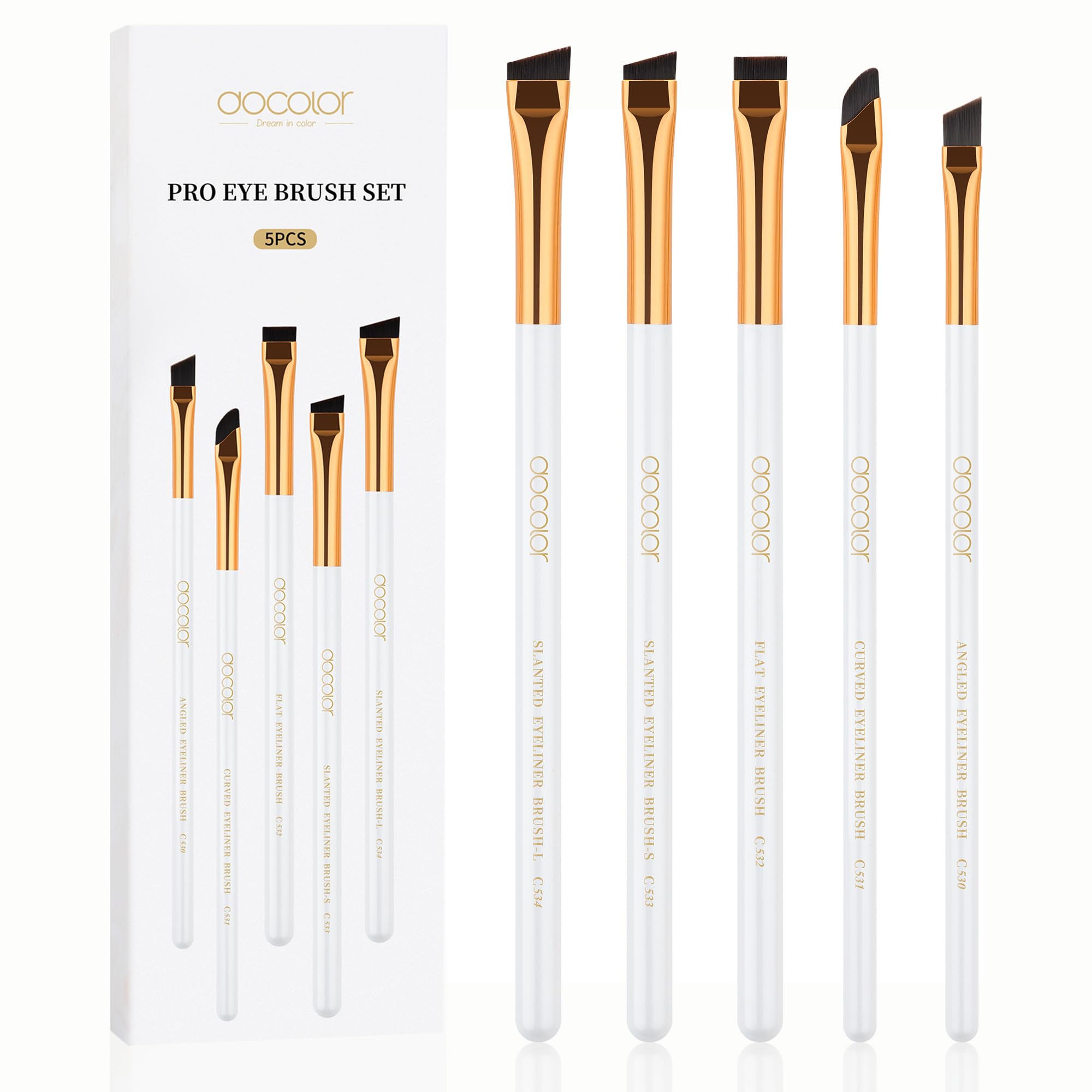 docolor 5Pcs Eyeliner Brush Set – Angled Eyeliner Brush, Ultra Thin Fine Point & Flat Slanted Brushes, Wooden Handle Premium Cruelty Free Synthetic Bristles for Gel, Powder, Cream Eye Makeup