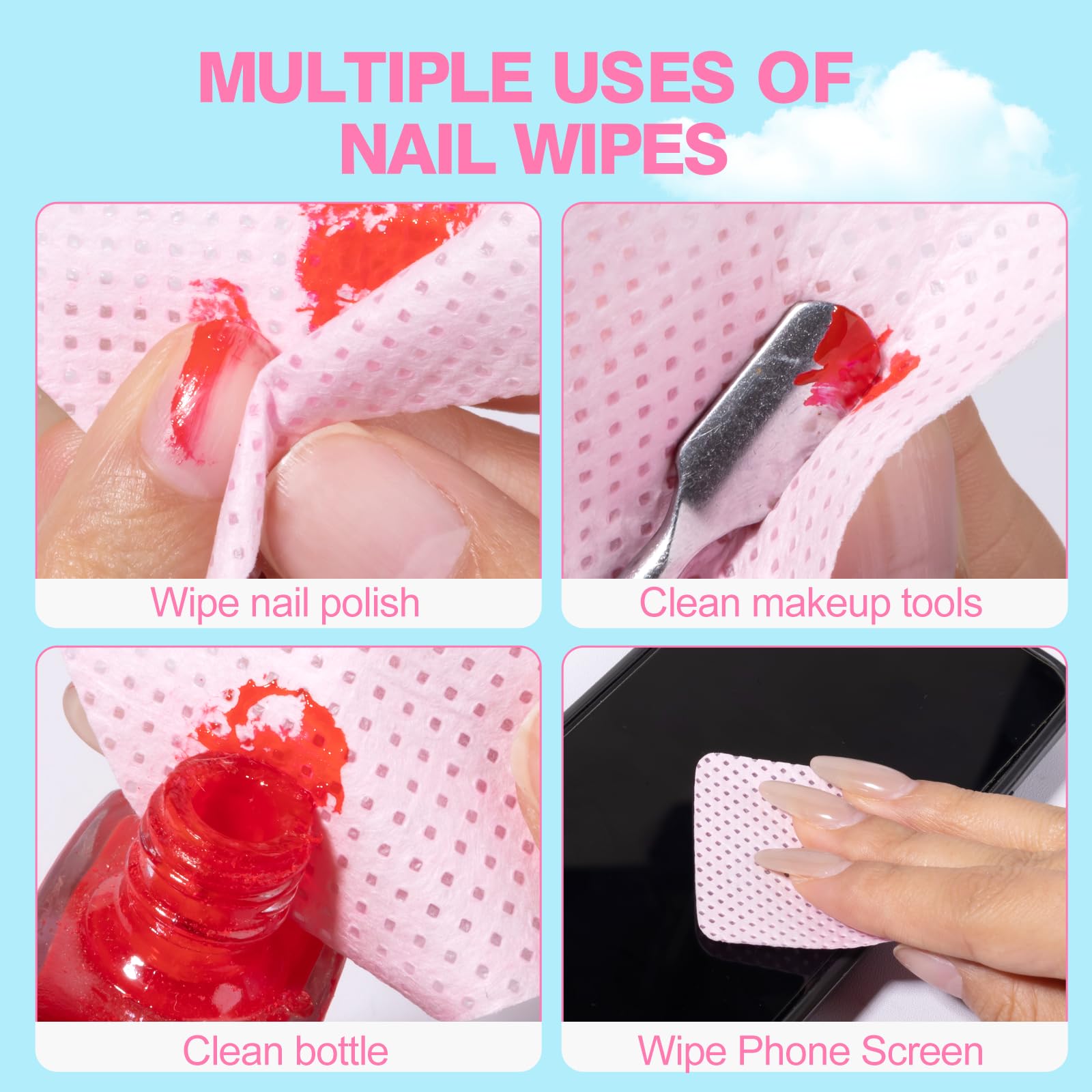 ANYINS 400PCS Lint Free Nail Wipes with Acetone Pump Dispenser, Pink Nail Polish Remover Pads with Dispenser, Eyelash Glue Cleaning Wipe with 180ML Alcohol&Acetone and Polish Remover Pump Bottle Kit
