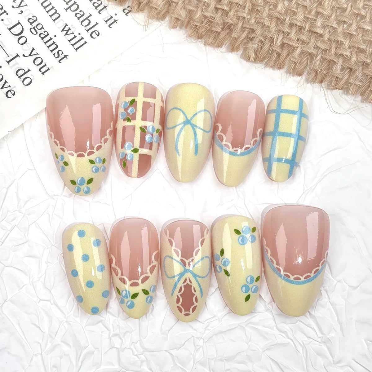 30 Pcs Cute Press on Nails Medium Almond Fake Nails with Bow Lace Blueberry Design Reusable Acrylic Stick on Nails Kit Glossy Yellow French Tip False Nails for Women Girls Daily Party Wedding Manicure