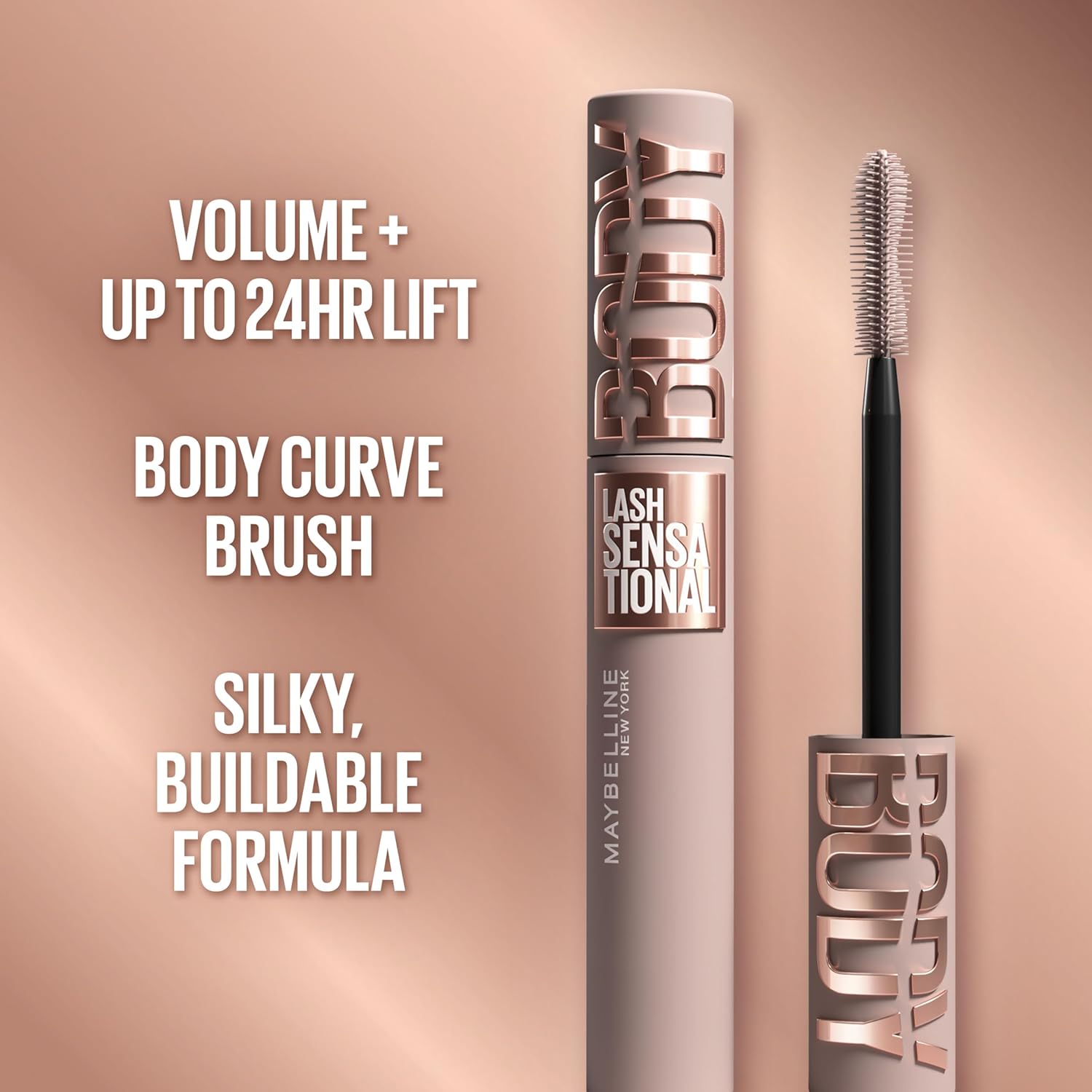 Maybelline Lash Sensational Body Washable Mascara, Volume and Length Formula for 24HR Lash Lift, Smudge and Clump-Resistant, Blackest Black