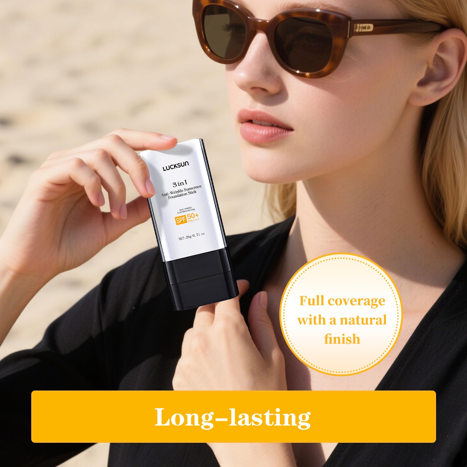 3 In 1-Luxury Anti-Wrinkle Foundation Stick SPF 50+ with Brush, Hydrating Non-Sticky Matte Foundation Stick, Travel Size Defense Face and Body Sunscreen Lotion, 1.42 Fl Oz