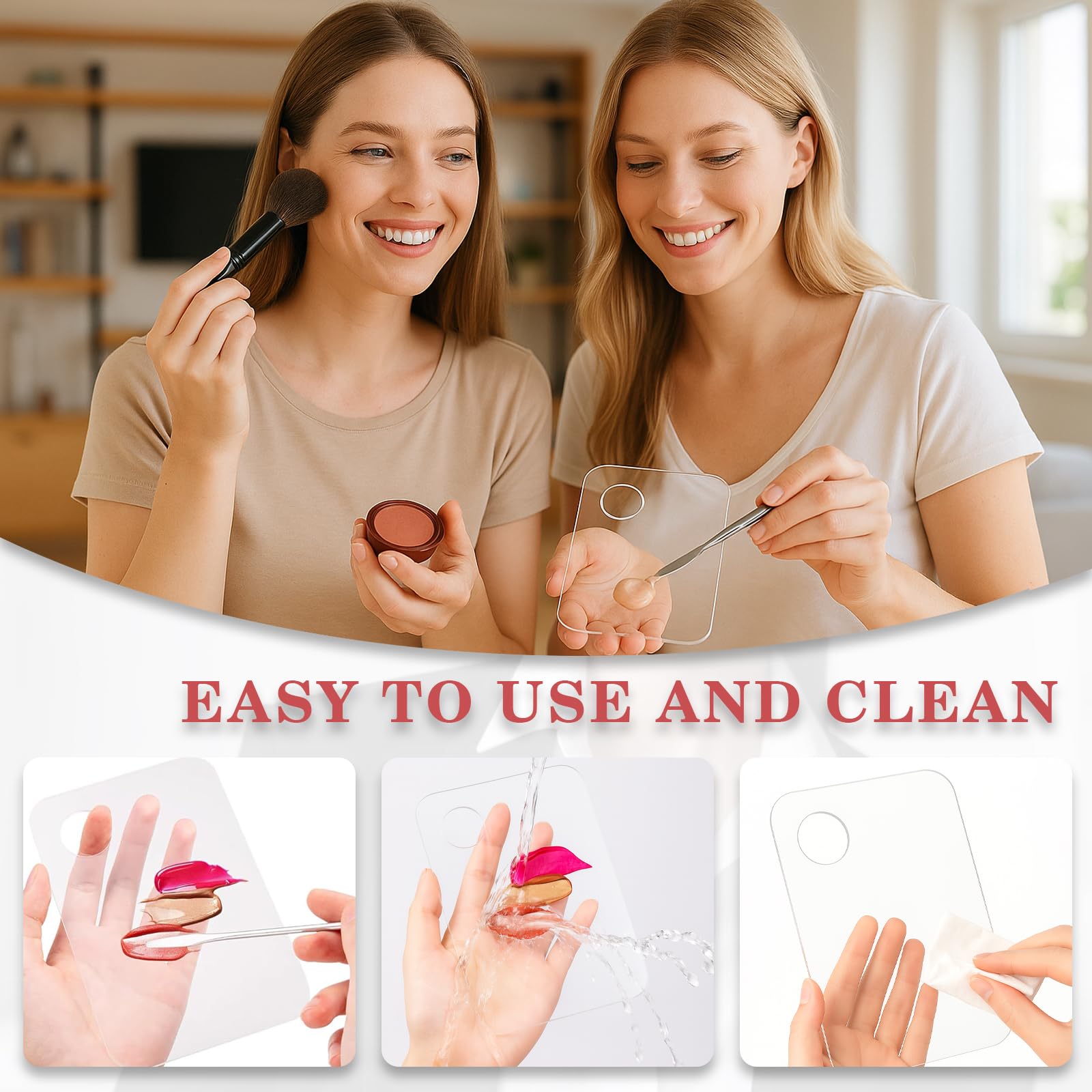 2PCS Acrylic Makeup Mixing Palette with 2PCS Spatula Set – Transparent Cosmetic Tray for Foundation, Eyeshadow, Lipstick & Nail Art, Durable & Portable Design