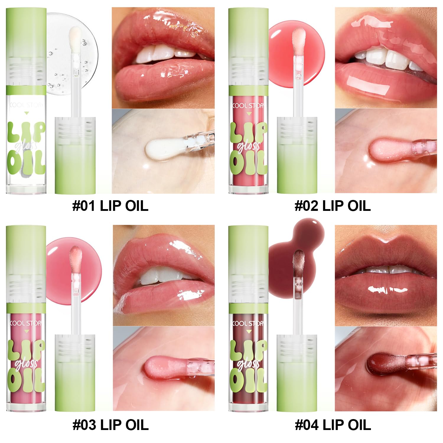 KIMIEYE 4 Pack Hydrating Glow Lip Oil Makeup Set for Women, Moisturizing Lip Gloss with Glow Finish, Long Lasting Nourishing Lip Care Fat Oil Lip Drip, Sweet Candy Scent (SET A, LIGHT)