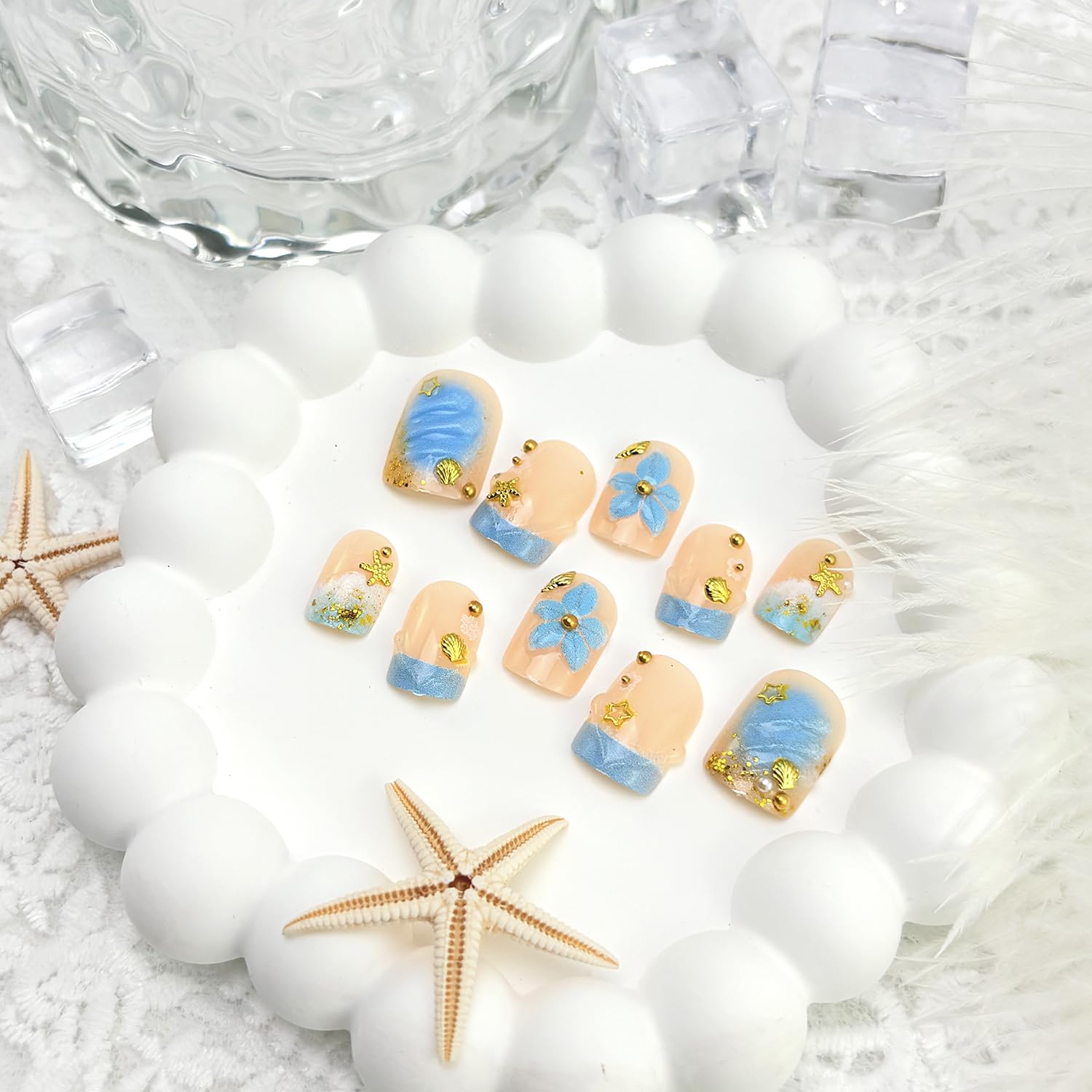 24pcs Blue Press on Nails Short Square French Tip Fake Nails 3D Flower False Nails with Gold Beads Designs Stick on Nails Summer Ocean Shell Starfish Conch Glue on Nails for Women Manicure Decoration