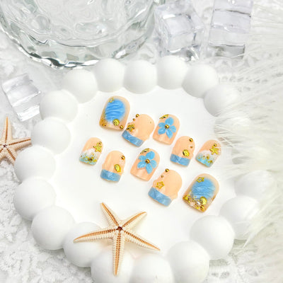 24pcs Blue Press on Nails Short Square French Tip Fake Nails 3D Flower False Nails with Gold Beads Designs Stick on Nails Summer Ocean Shell Starfish Conch Glue on Nails for Women Manicure Decoration