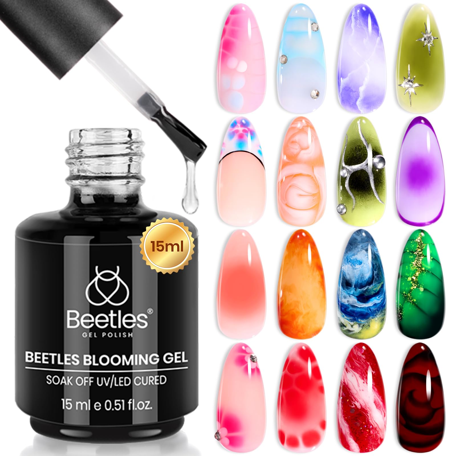 Beetles Blooming Gel 15ml Clear Uv Led Aura Nails Gel Polish for Spreading Effect Marble Natural Stone Watercolor Floral Print Soak off Diy Nail Art Design Manicure Gift for Women