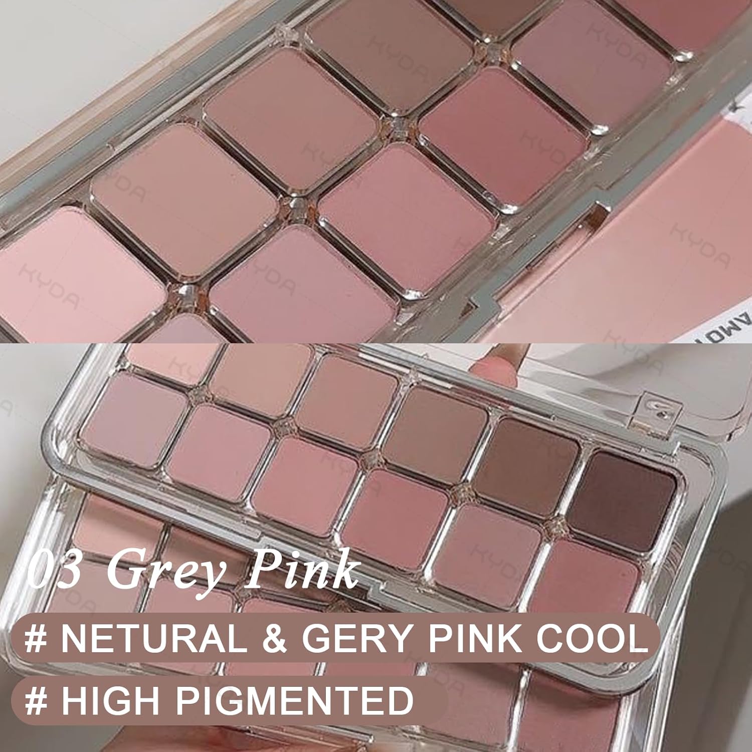 KYDA 12 Colors Grey Pink Eyeshadow Palette with Brush, High Pigment Matte Shimmer Pink Brown Eye Shadow, Netural Brown Eyes Palette for Women, Soft Blendable Powder Eyeshadow, Korean Eyes Makeup