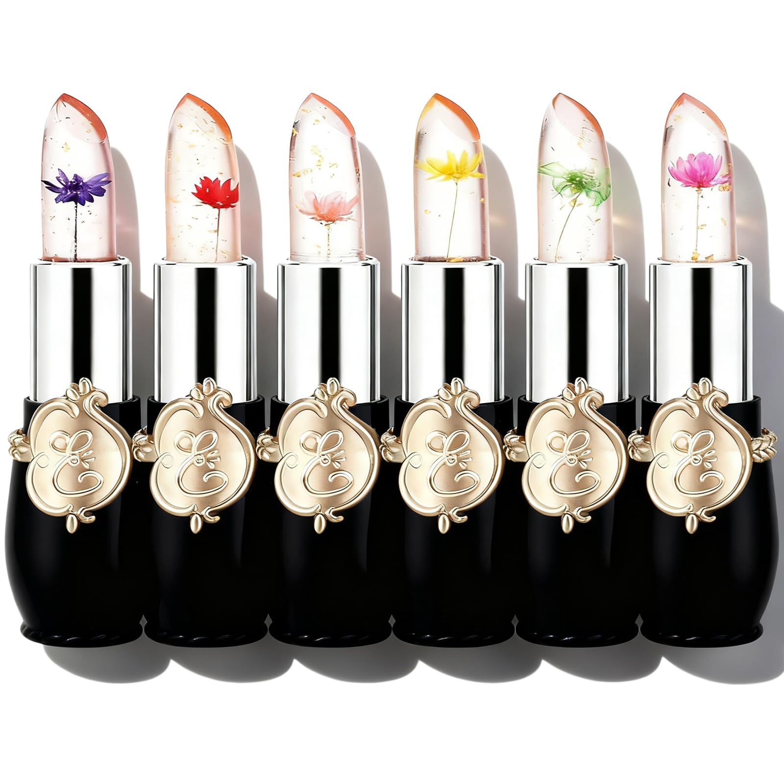 Pack of 6 Crystal Flower Jelly Lipstick, Long Lasting Nutritious Lip Balm Lips Moisturizer Magic Temperature Color Change Lip Gloss, Mothers Day Gifts, Teacher Appreciation Gifts, Small Gifts (Black)