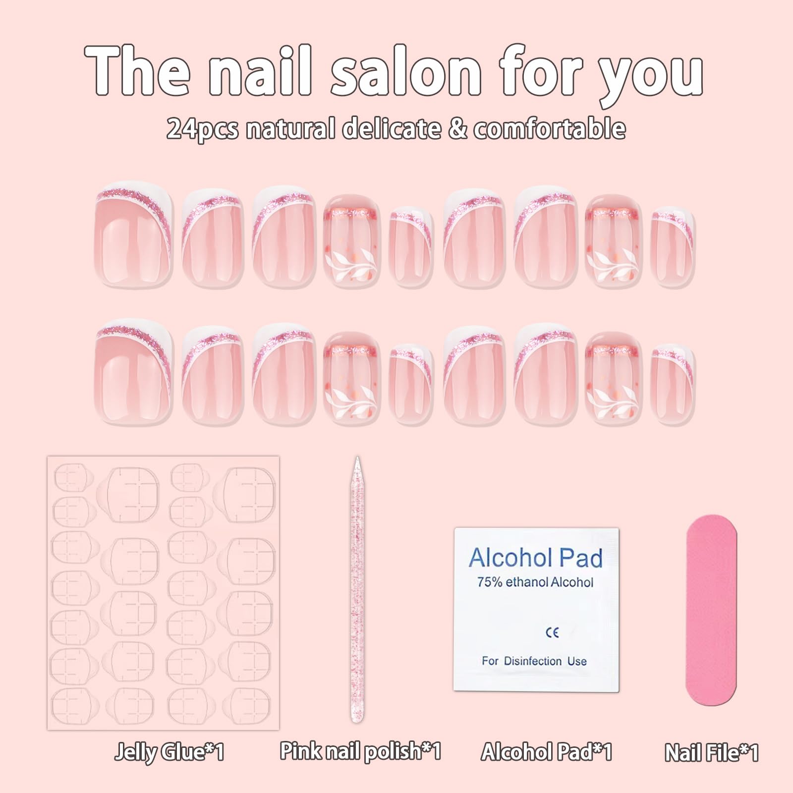 24Pcs Short Press on Nails French Tip Square Fake Nails with Rose Gold Glitter French White Leaf Design Pink Acrylic Nails Cute False Nails Artificial Nails Reusable Stick on Nails for Coquette Women